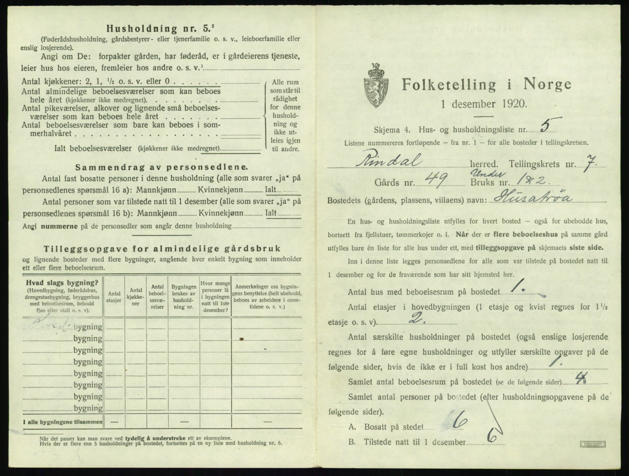 SAT, 1920 census for Rindal, 1920, p. 478