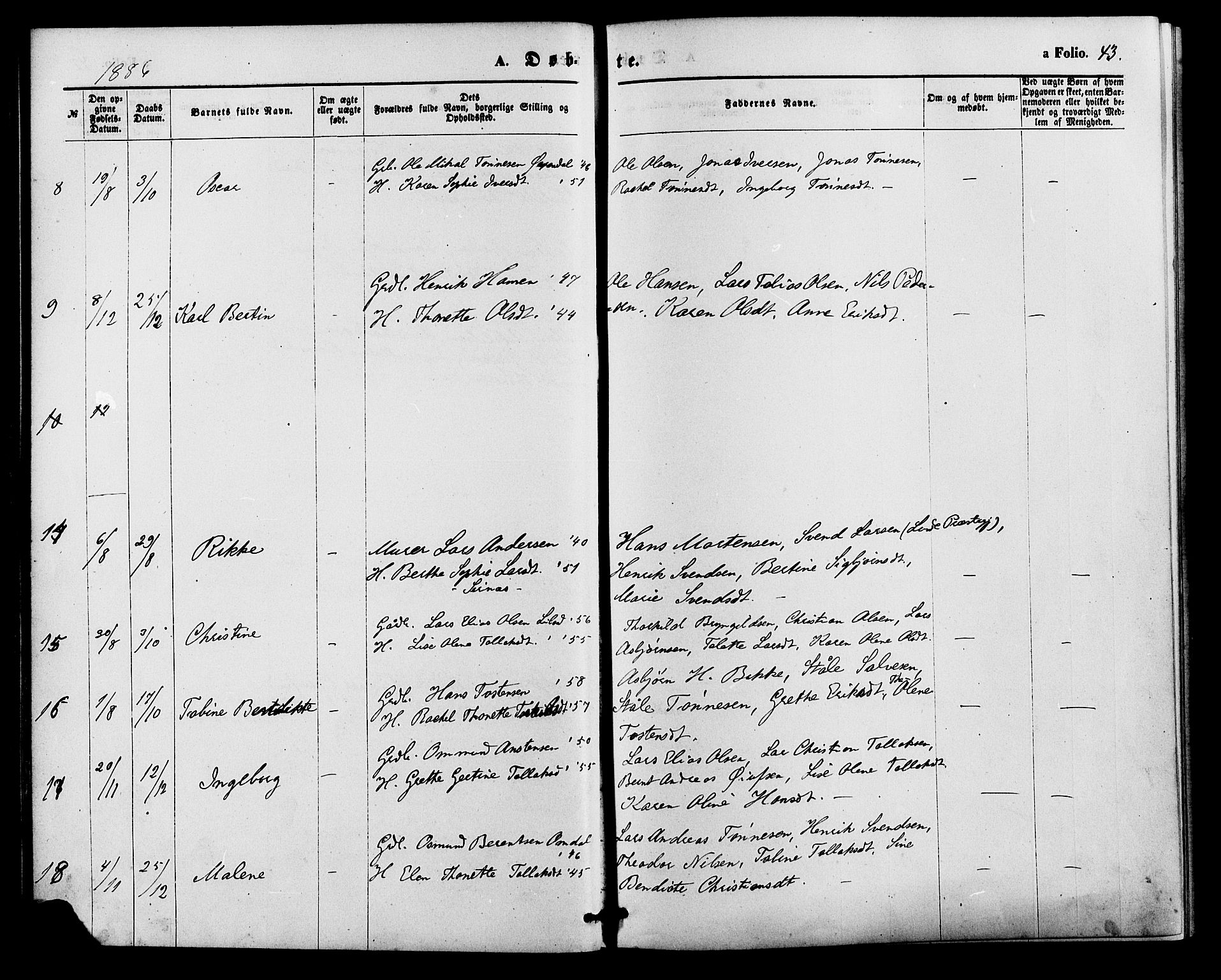 Bakke sokneprestkontor, AV/SAK-1111-0002/F/Fa/Faa/L0007: Parish register (official) no. A 7, 1877-1886, p. 43