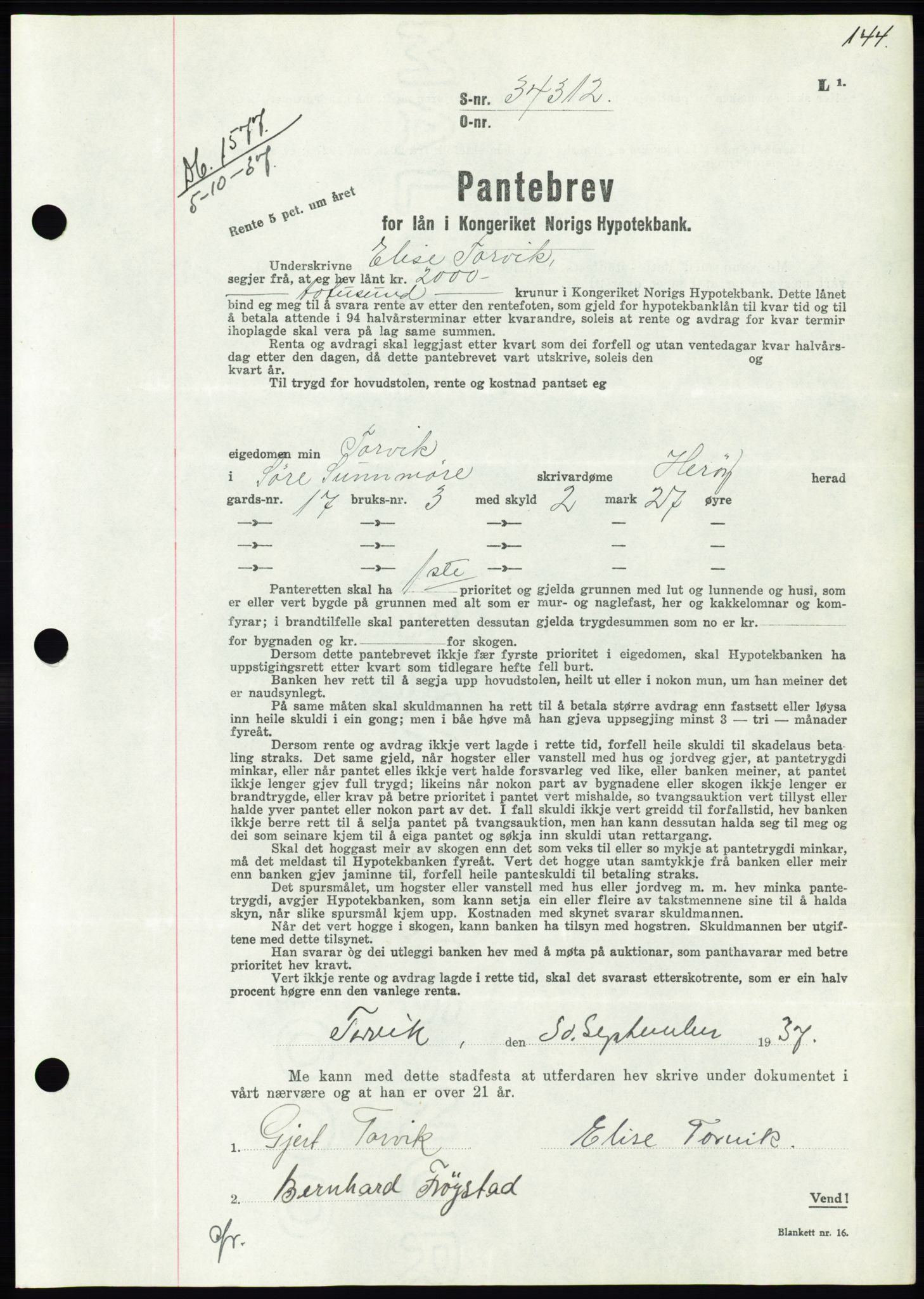 Søre Sunnmøre sorenskriveri, AV/SAT-A-4122/1/2/2C/L0064: Mortgage book no. 58, 1937-1938, Diary no: : 1577/1937