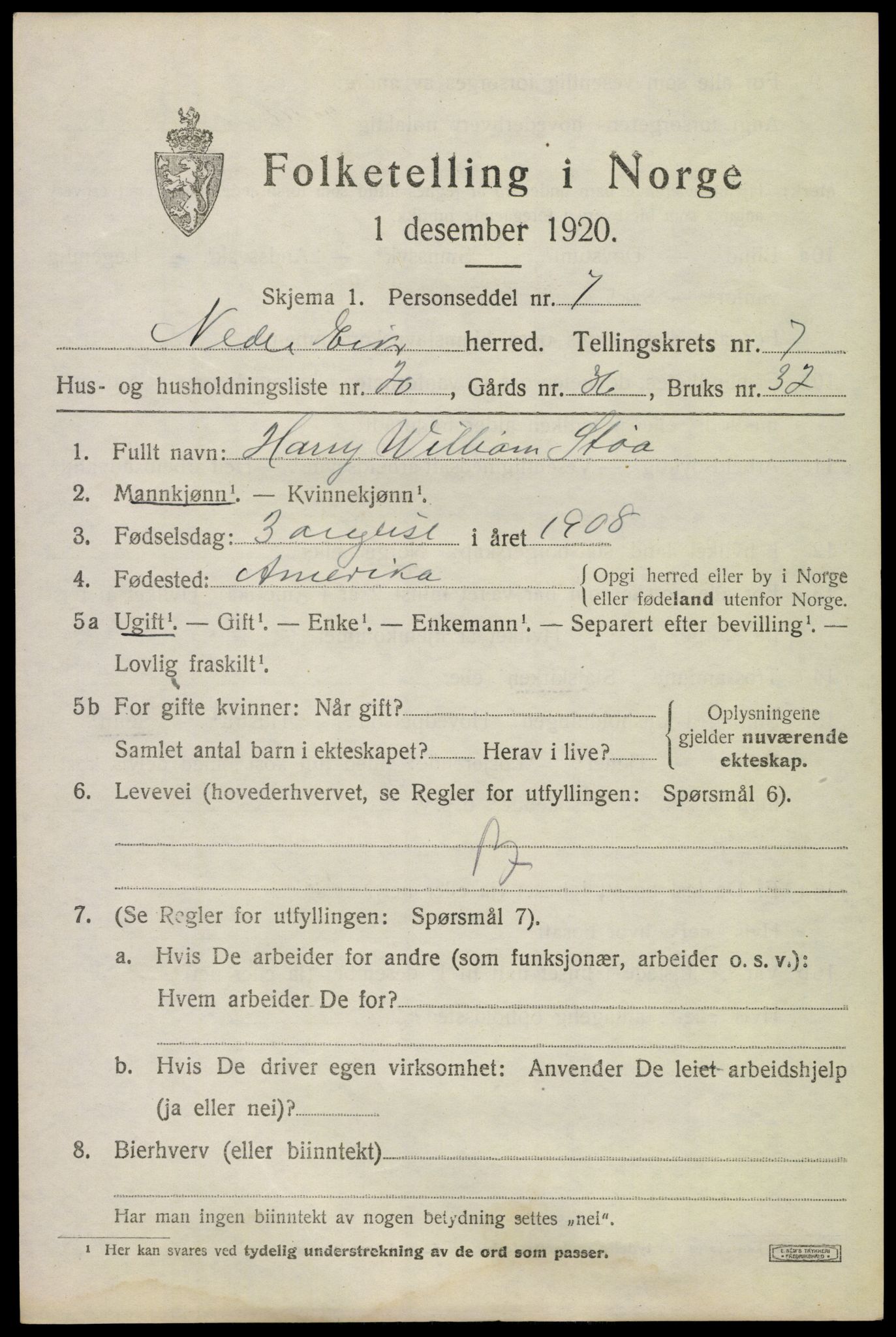SAKO, 1920 census for Nedre Eiker, 1920, p. 7693
