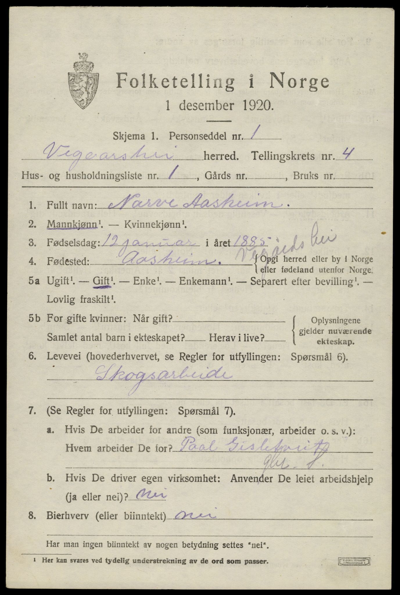 SAK, 1920 census for Vegårshei, 1920, p. 1780