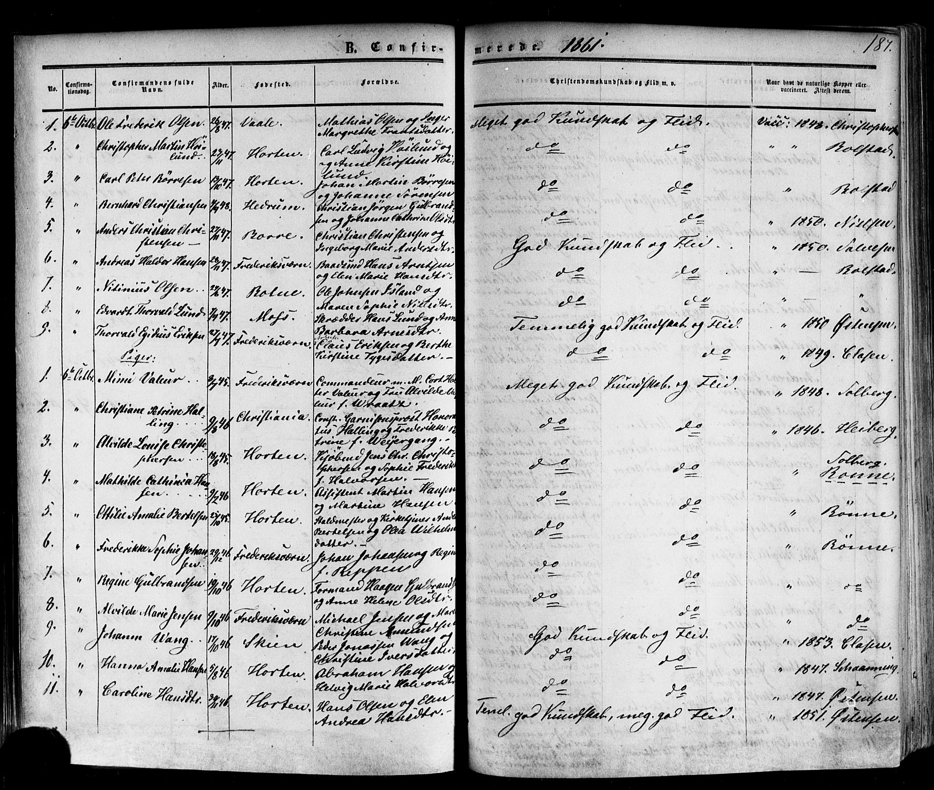 Horten kirkebøker, SAKO/A-348/F/Fa/L0001: Parish register (official) no. 1, 1855-1871, p. 187