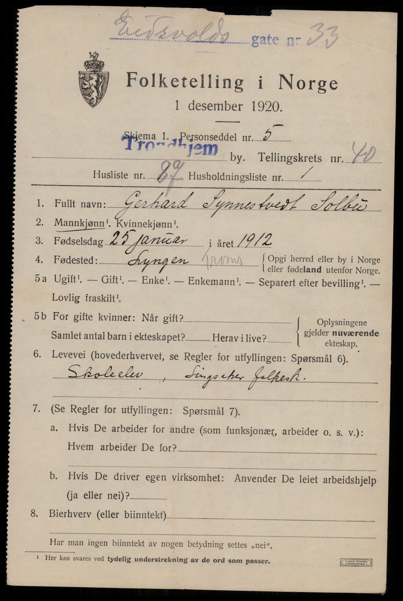 SAT, 1920 census for Trondheim, 1920, p. 90888