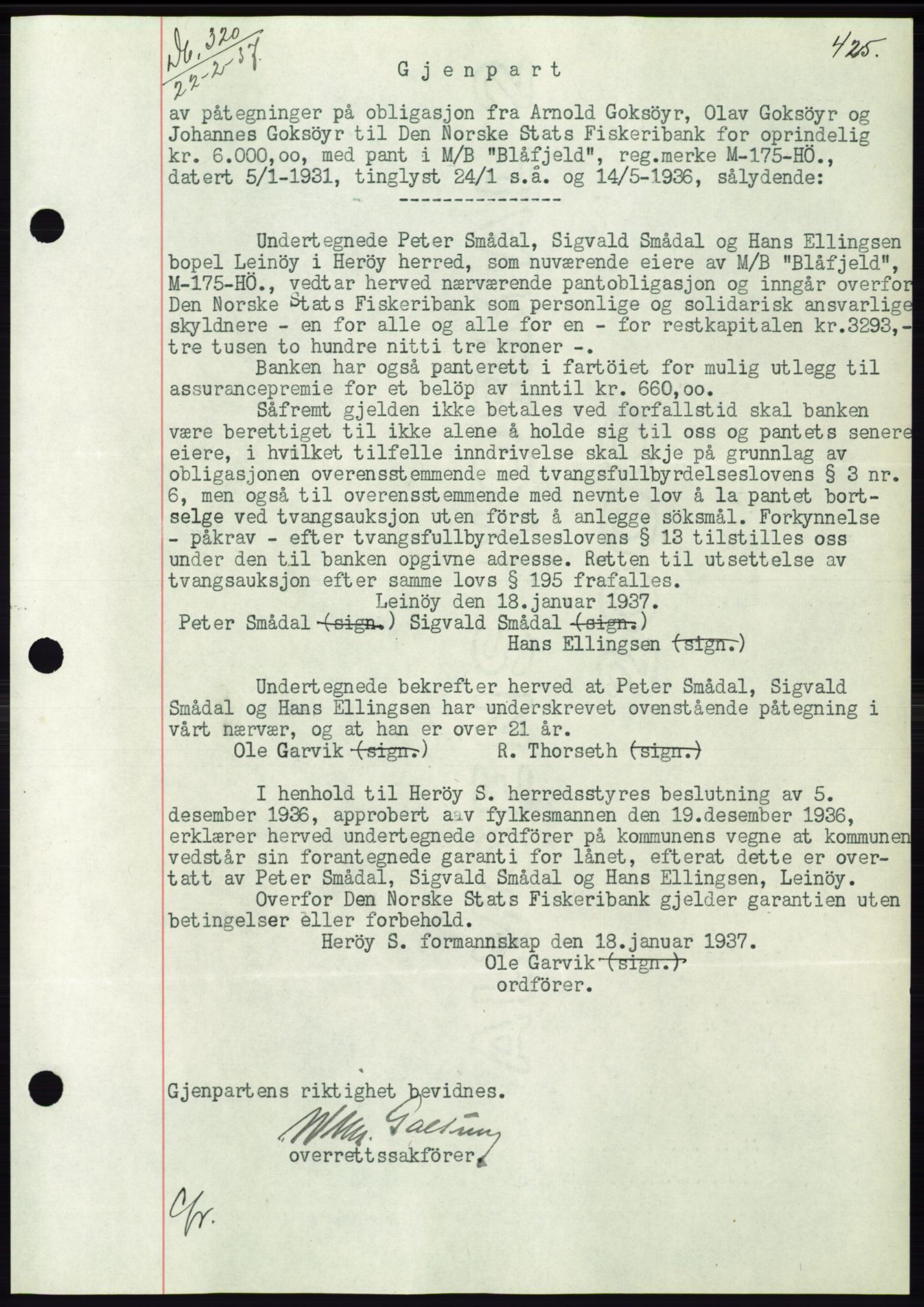 Søre Sunnmøre sorenskriveri, AV/SAT-A-4122/1/2/2C/L0062: Mortgage book no. 56, 1936-1937, Diary no: : 320/1937