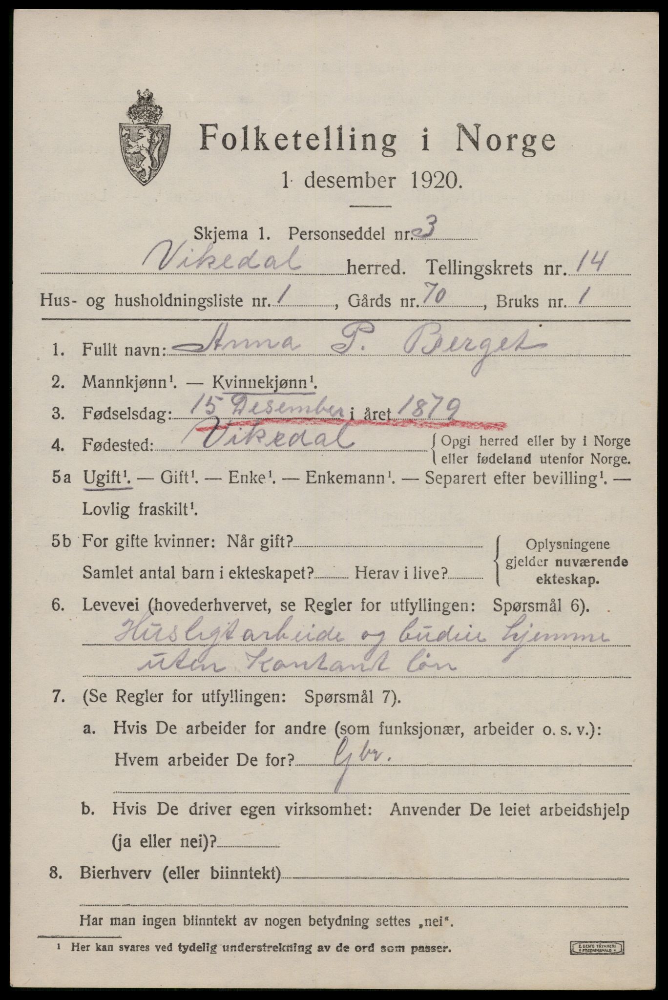 SAST, 1920 census for Vikedal, 1920, p. 4255