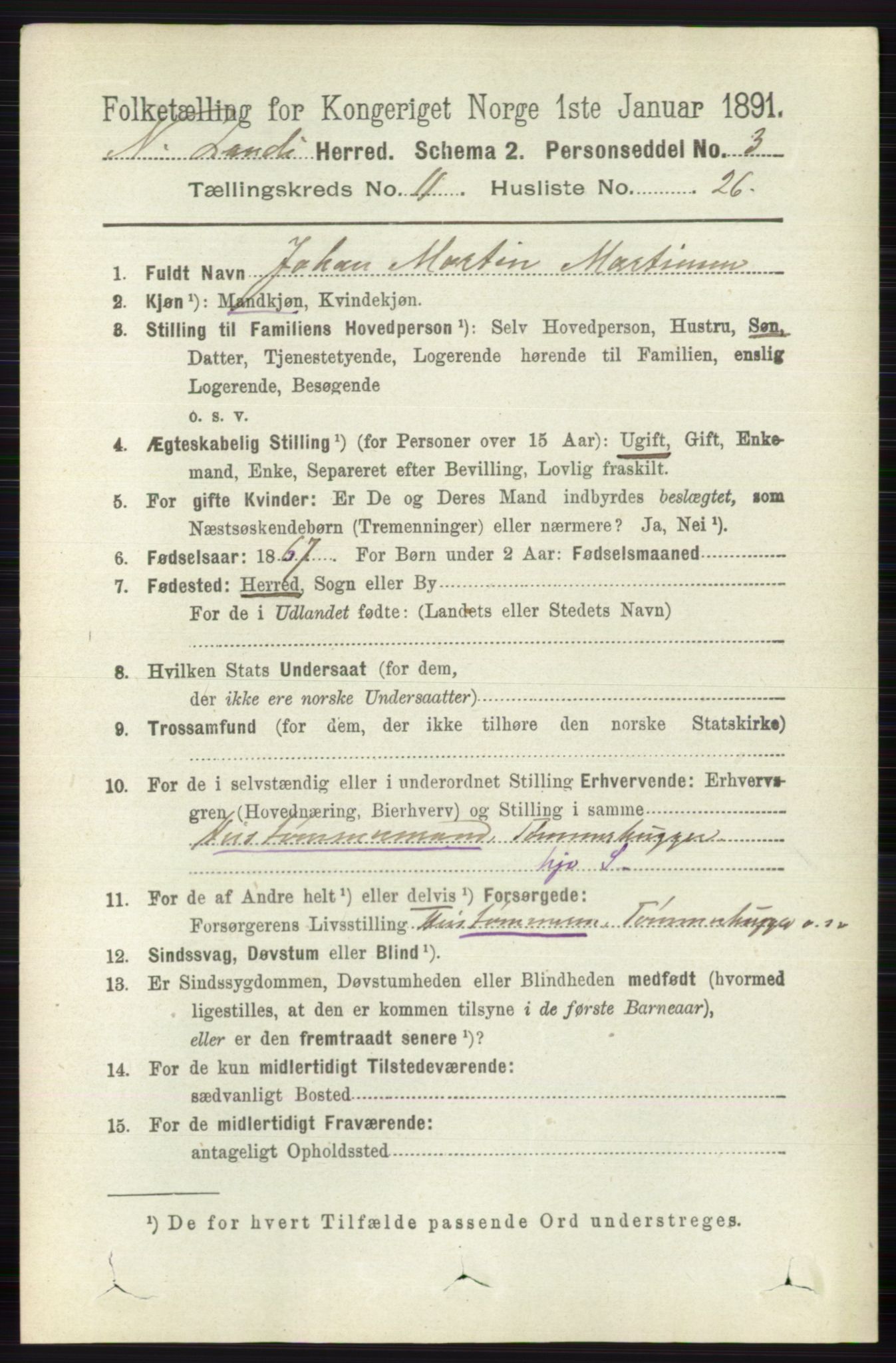 RA, 1891 census for 0538 Nordre Land, 1891, p. 3168