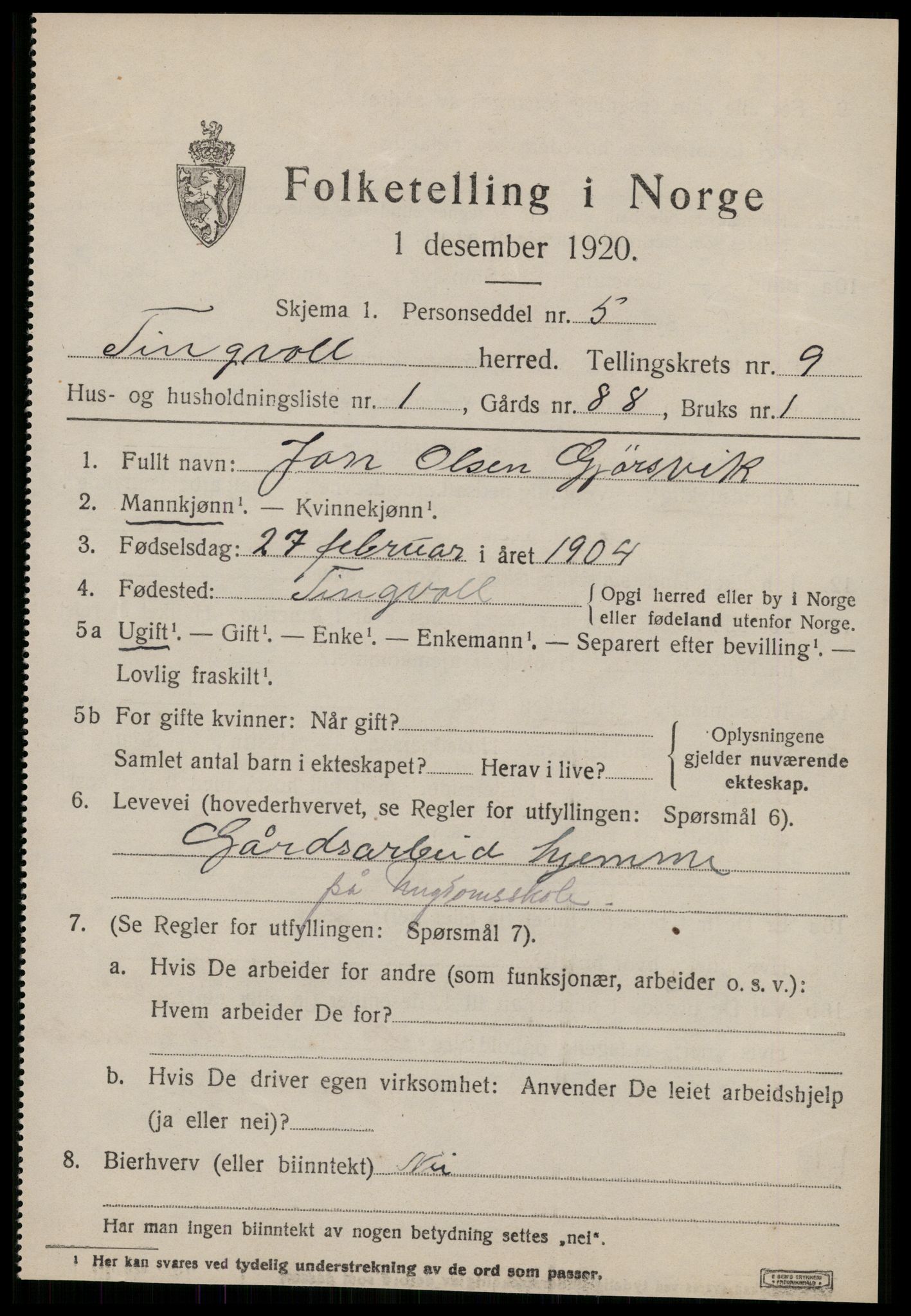 SAT, 1920 census for Tingvoll, 1920, p. 5102