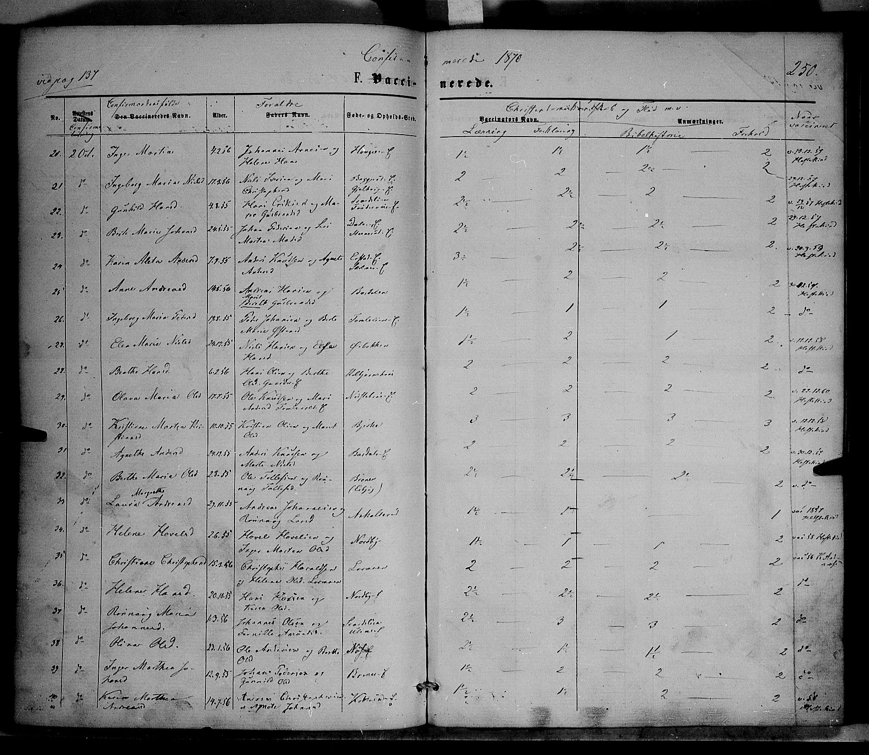 Nordre Land prestekontor, AV/SAH-PREST-124/H/Ha/Haa/L0001: Parish register (official) no. 1, 1860-1871, p. 250