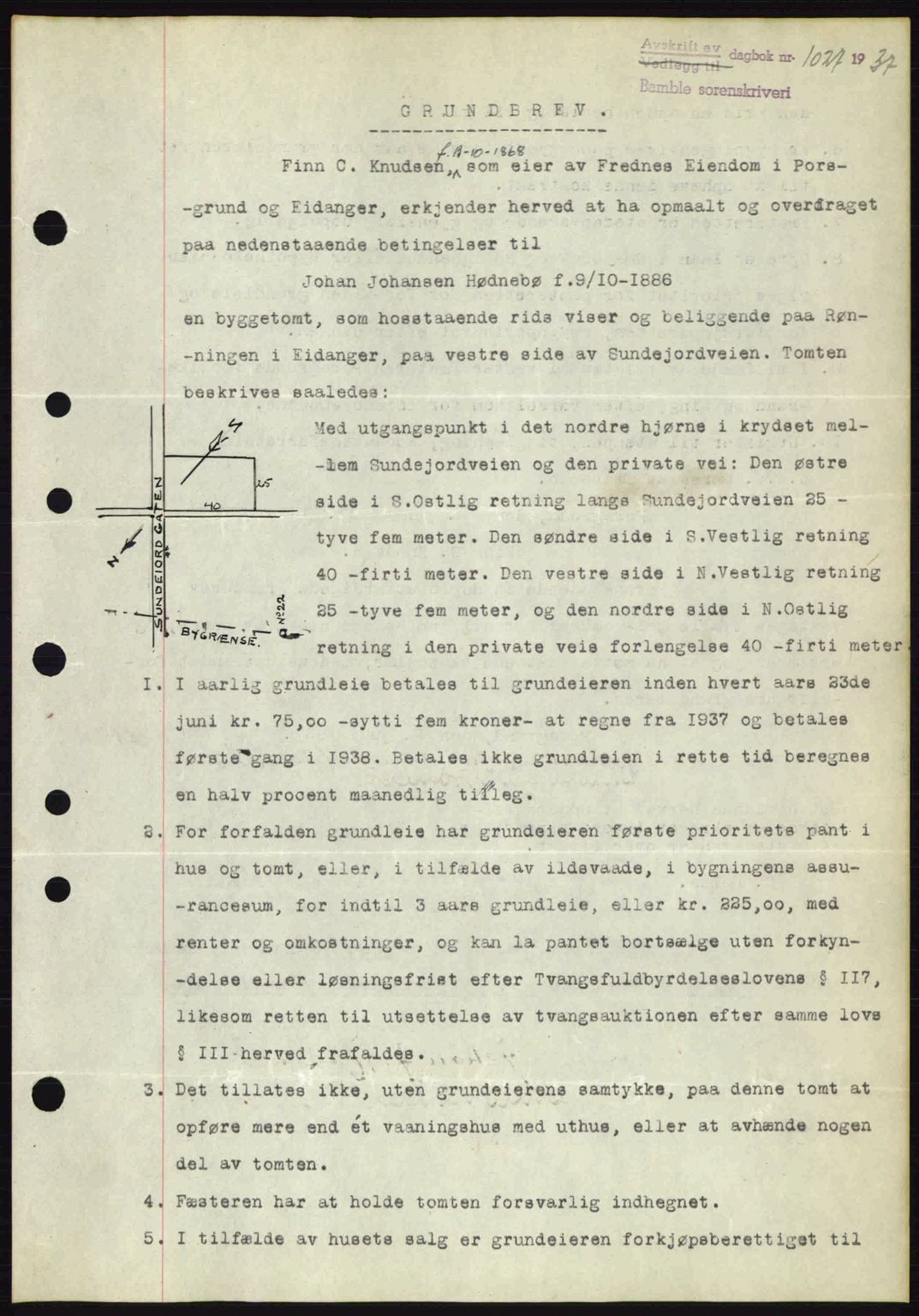 Bamble sorenskriveri, AV/SAKO-A-214/G/Ga/Gag/L0002: Mortgage book no. A-2, 1937-1938, Diary no: : 1027/1937