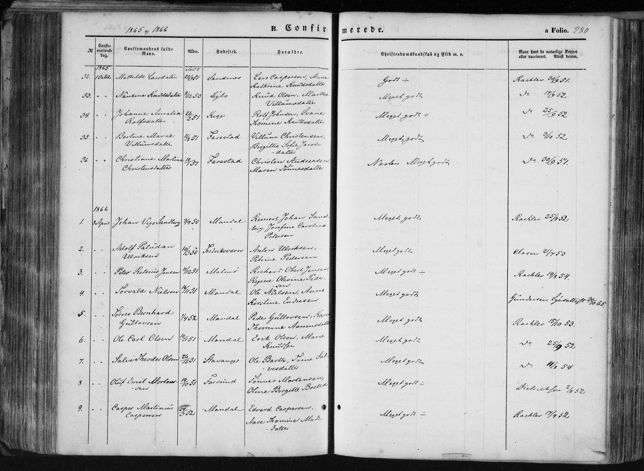 Mandal sokneprestkontor, SAK/1111-0030/F/Fa/Faa/L0014: Parish register (official) no. A 14, 1859-1872, p. 280