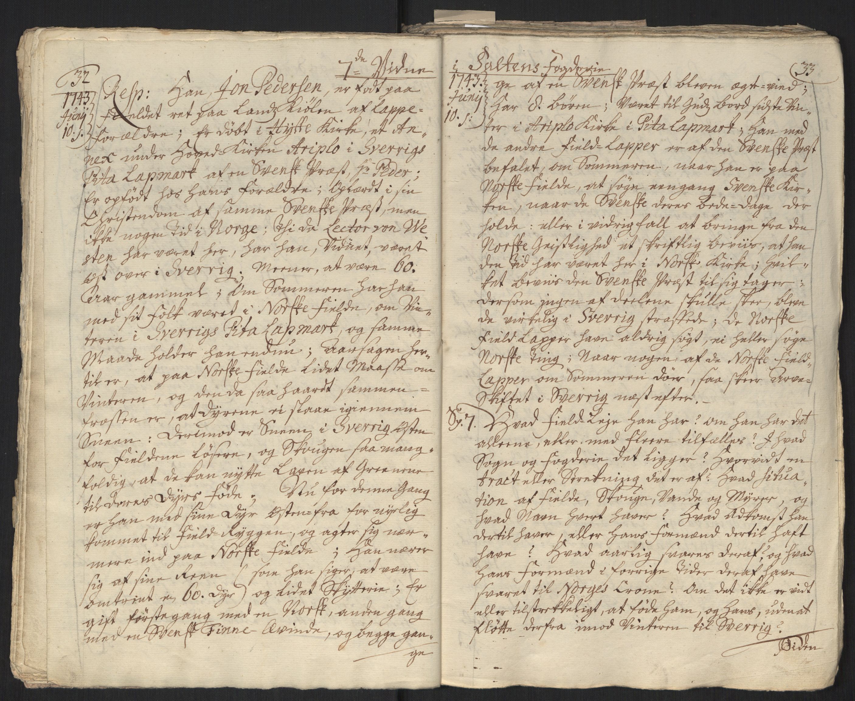 Danske Kanselli, Grensearkivet, AV/RA-EA-4062/F/L0011a/0001: Volum XXIII-XXVIa / Vol. XXIII: Major Schnitlers grenseeksaminasjonsprotokoll, 3. bind, 1743, p. 32-33