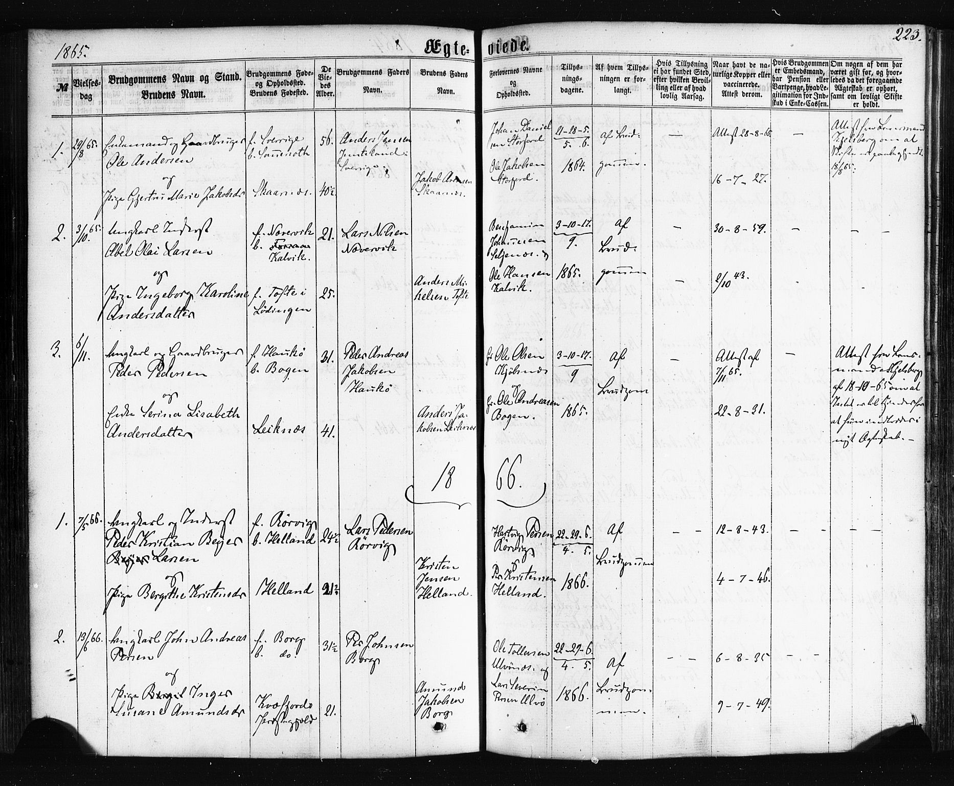Ministerialprotokoller, klokkerbøker og fødselsregistre - Nordland, SAT/A-1459/861/L0867: Parish register (official) no. 861A02, 1864-1878, p. 223