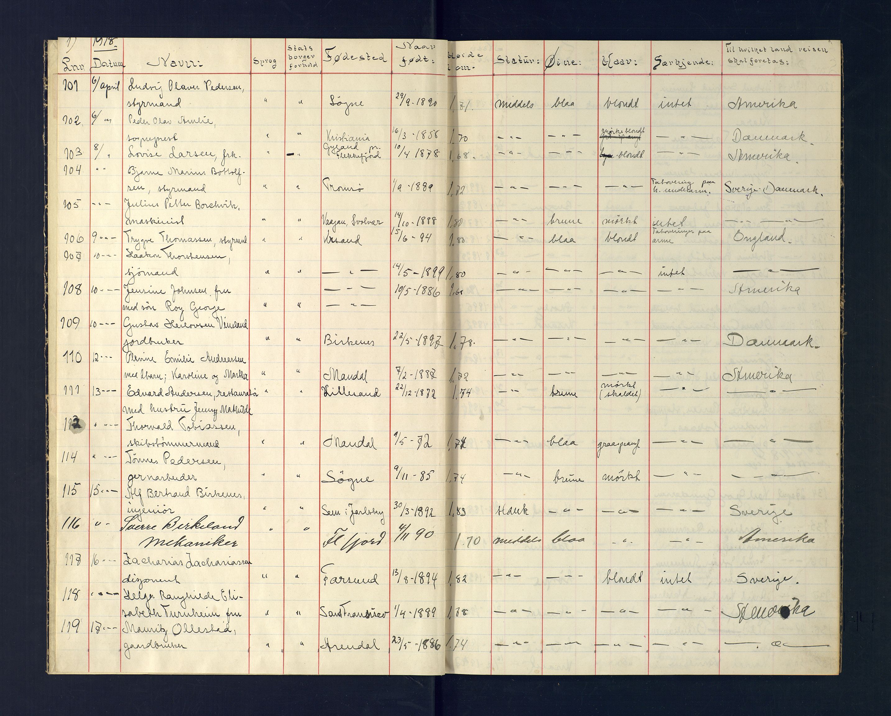 Kristiansand politikammer, AV/SAK-1243-0004/K/Ka/L0228: Passprotokoll foreviste reisepass, 1918-1919, p. 1