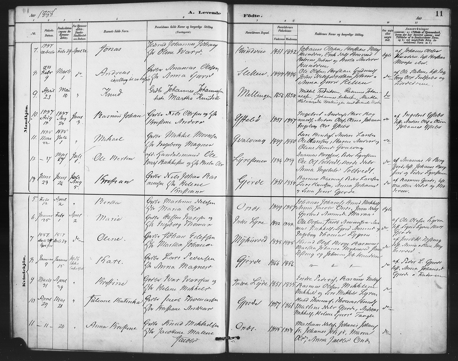 Lindås Sokneprestembete, SAB/A-76701/H/Haa: Parish register (official) no. E 1, 1886-1897, p. 11