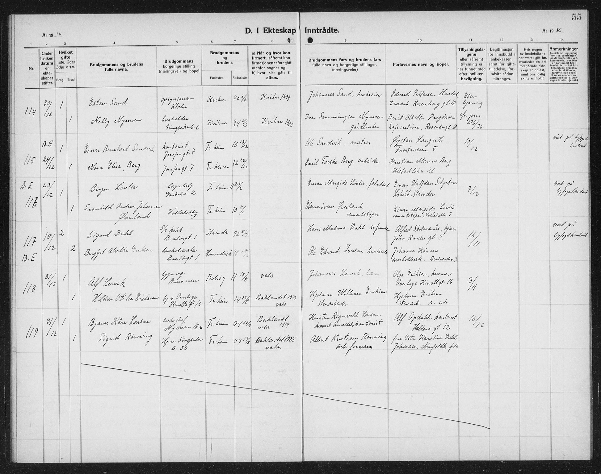 Ministerialprotokoller, klokkerbøker og fødselsregistre - Sør-Trøndelag, SAT/A-1456/602/L0152: Parish register (copy) no. 602C20, 1933-1940, p. 55
