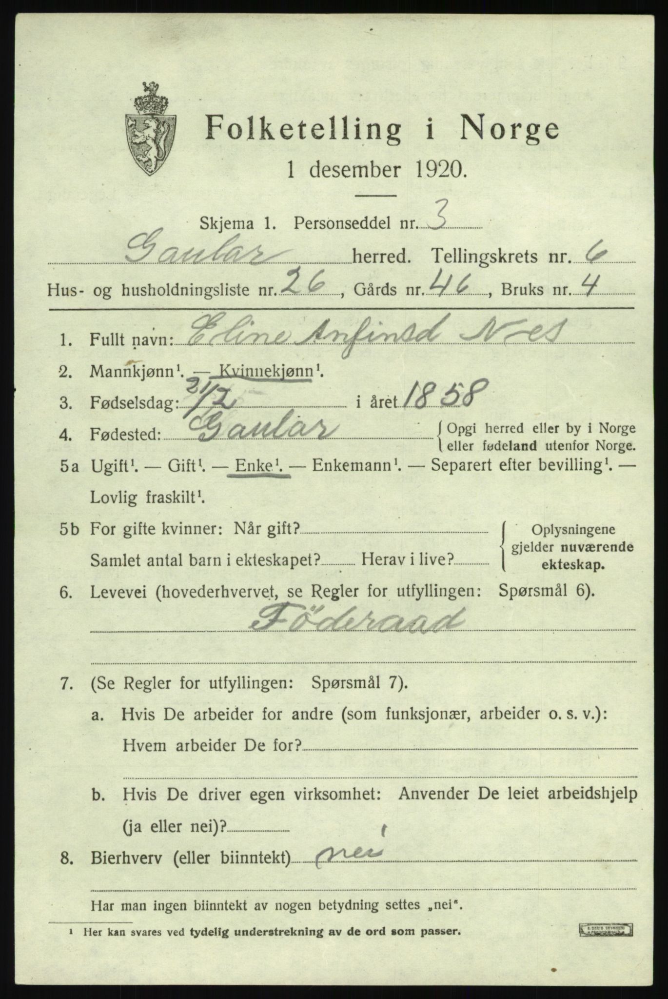 SAB, 1920 census for Gaular, 1920, p. 3238