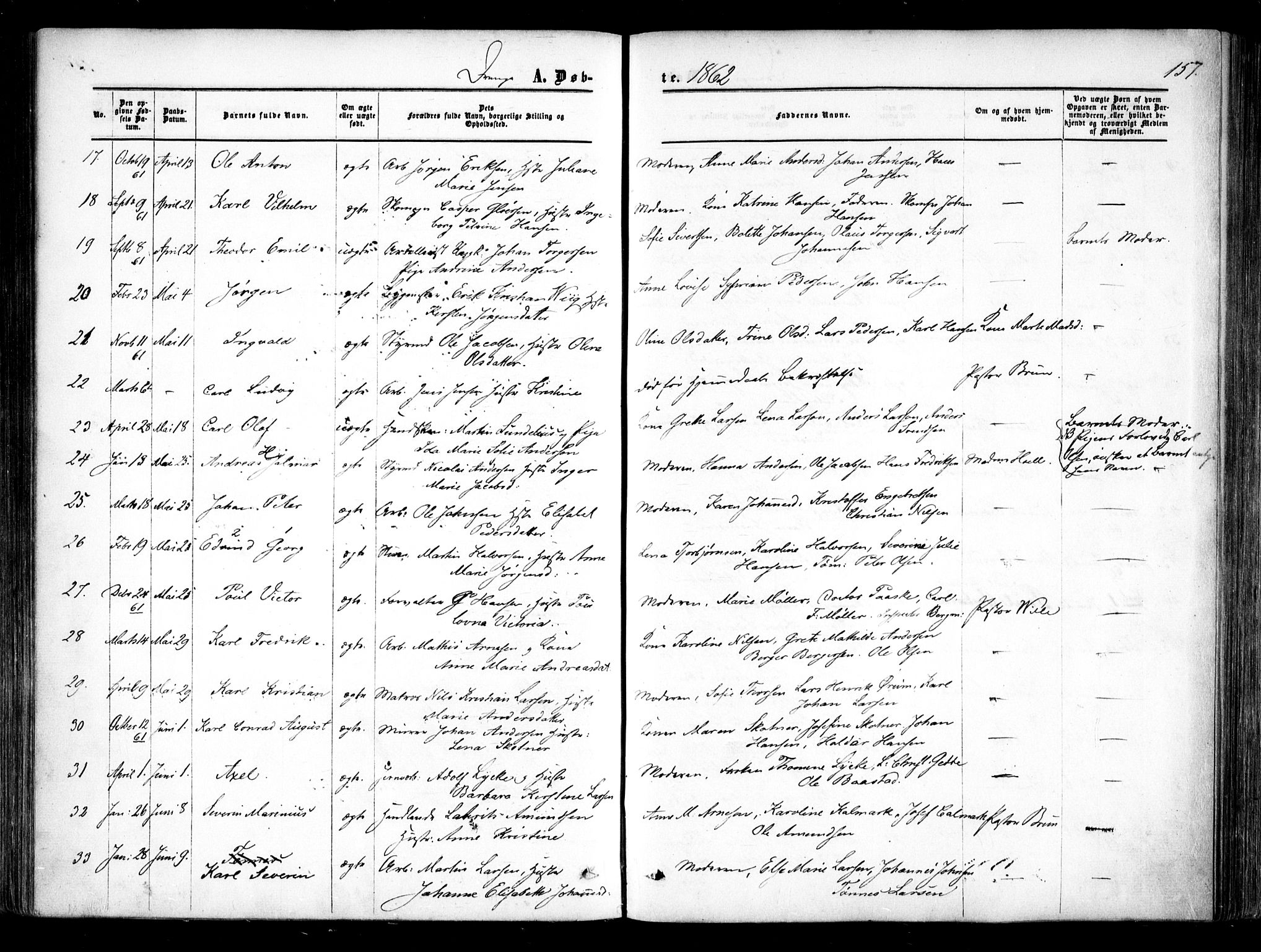 Halden prestekontor Kirkebøker, SAO/A-10909/F/Fa/L0007: Parish register (official) no. I 7, 1857-1865, p. 157