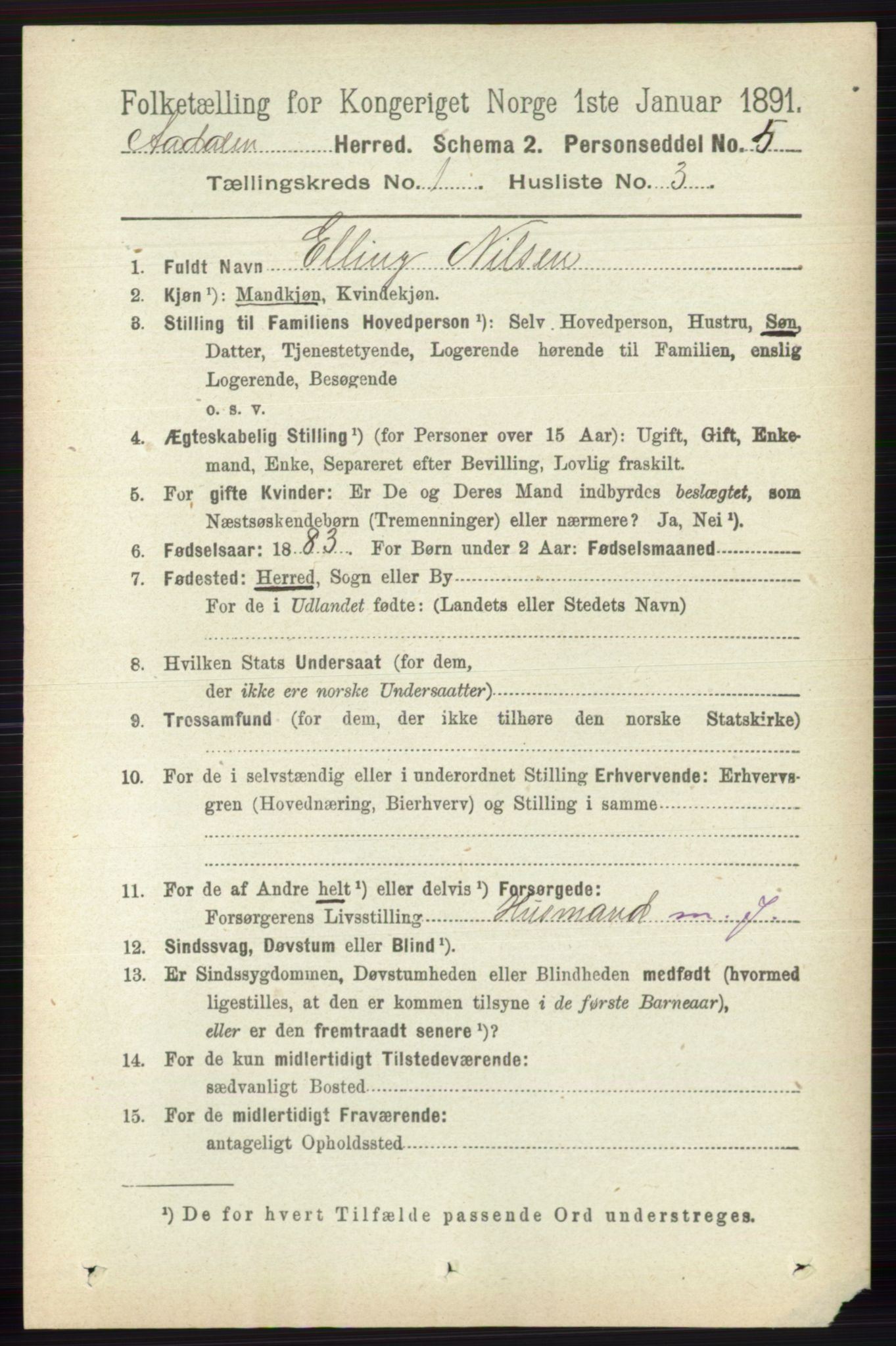 RA, 1891 census for 0614 Ådal, 1891, p. 84