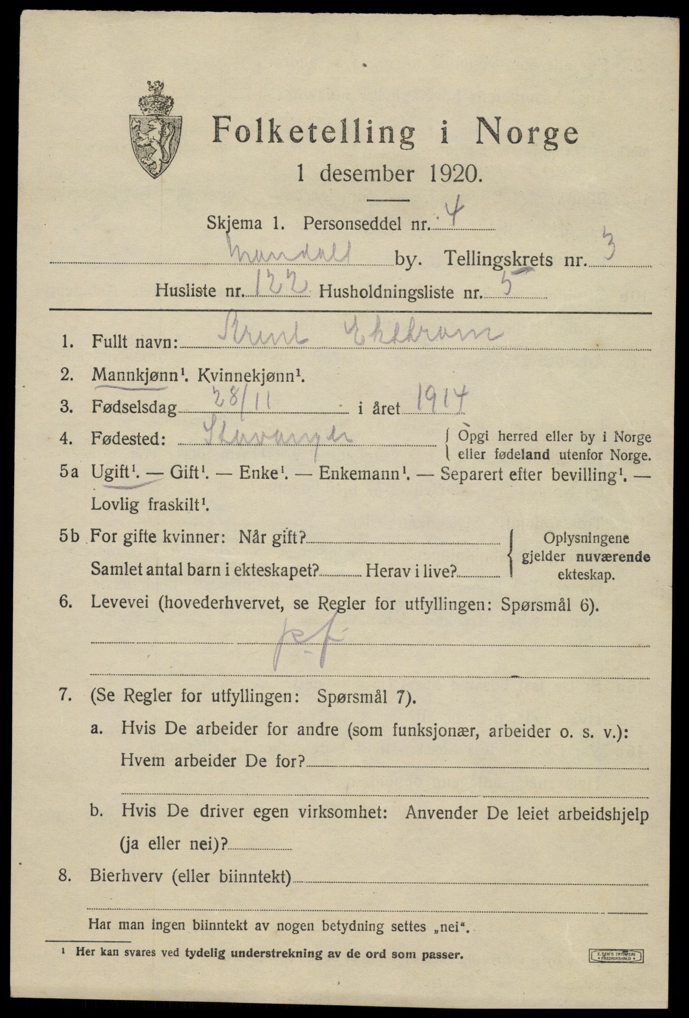 SAK, 1920 census for Mandal, 1920, p. 6847