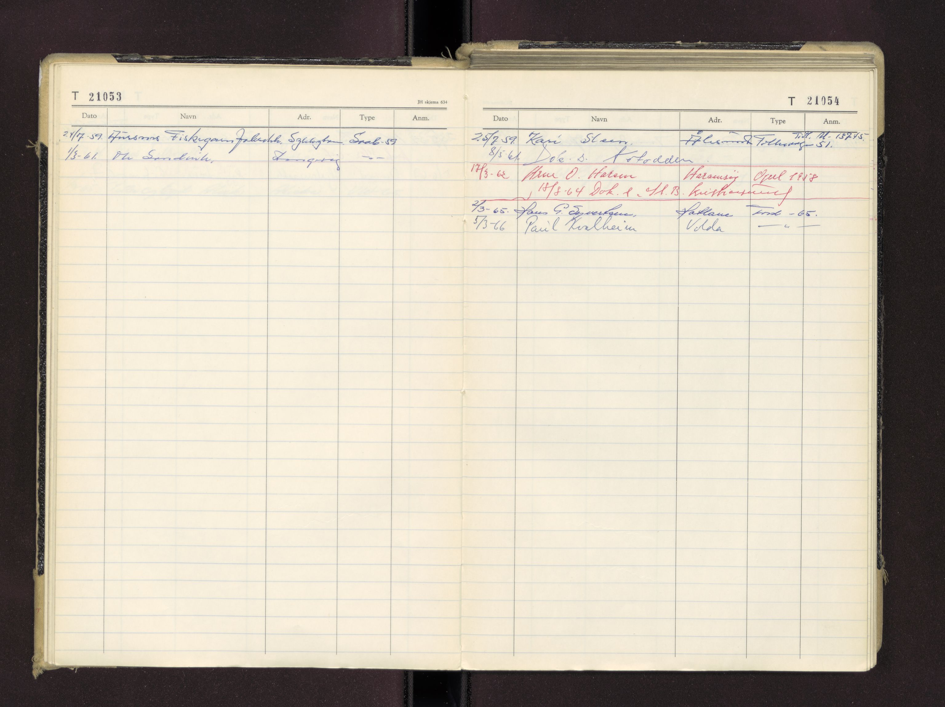 Møre og Romsdal vegkontor - Ålesund trafikkstasjon, AV/SAT-A-4099/F/Fc/L0016: Bilregister; T 21000 - T 21499, 1955-1970