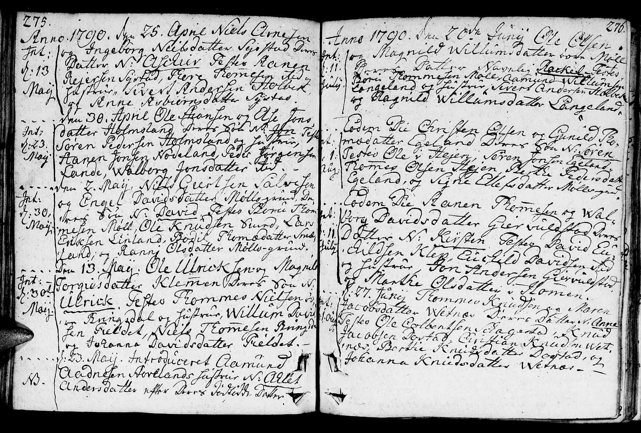 Holum sokneprestkontor, SAK/1111-0022/F/Fa/Faa/L0003: Parish register (official) no. A 3, 1780-1821, p. 275-276