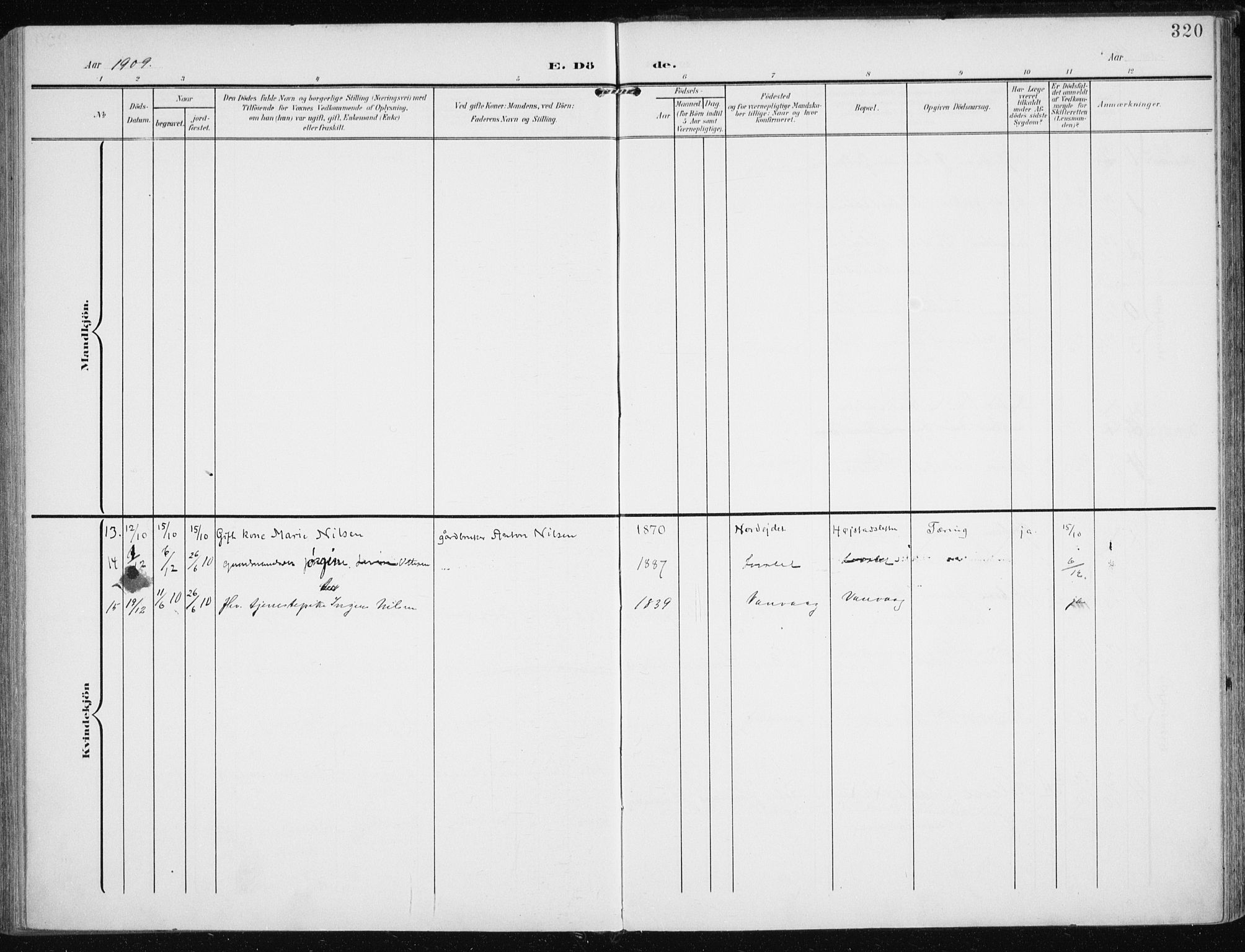 Karlsøy sokneprestembete, AV/SATØ-S-1299/H/Ha/Haa/L0014kirke: Parish register (official) no. 14, 1903-1917, p. 320