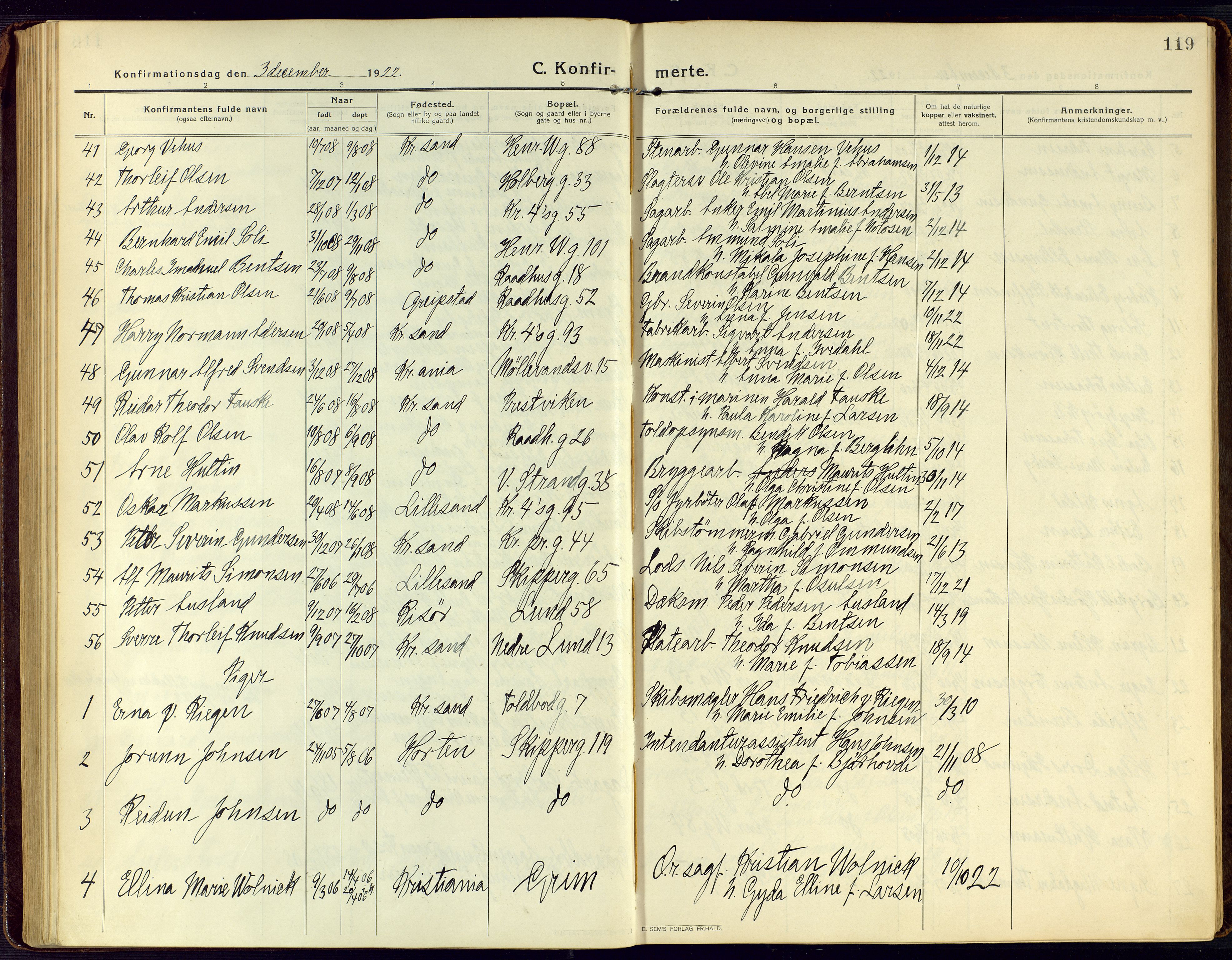 Kristiansand domprosti, SAK/1112-0006/F/Fa/L0026: Parish register (official) no. A 25, 1916-1928, p. 119