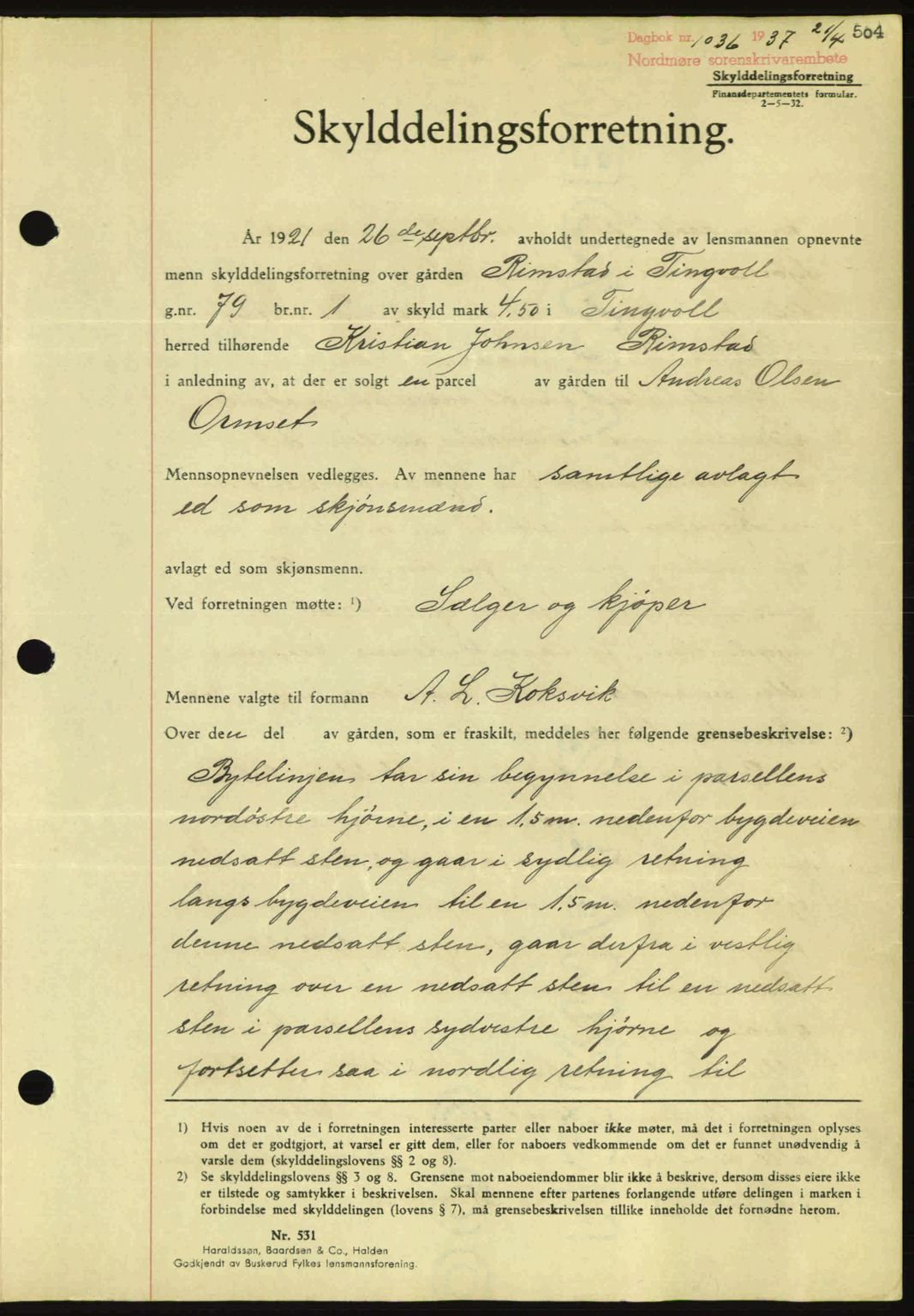 Nordmøre sorenskriveri, AV/SAT-A-4132/1/2/2Ca: Mortgage book no. A81, 1937-1937, Diary no: : 1036/1937