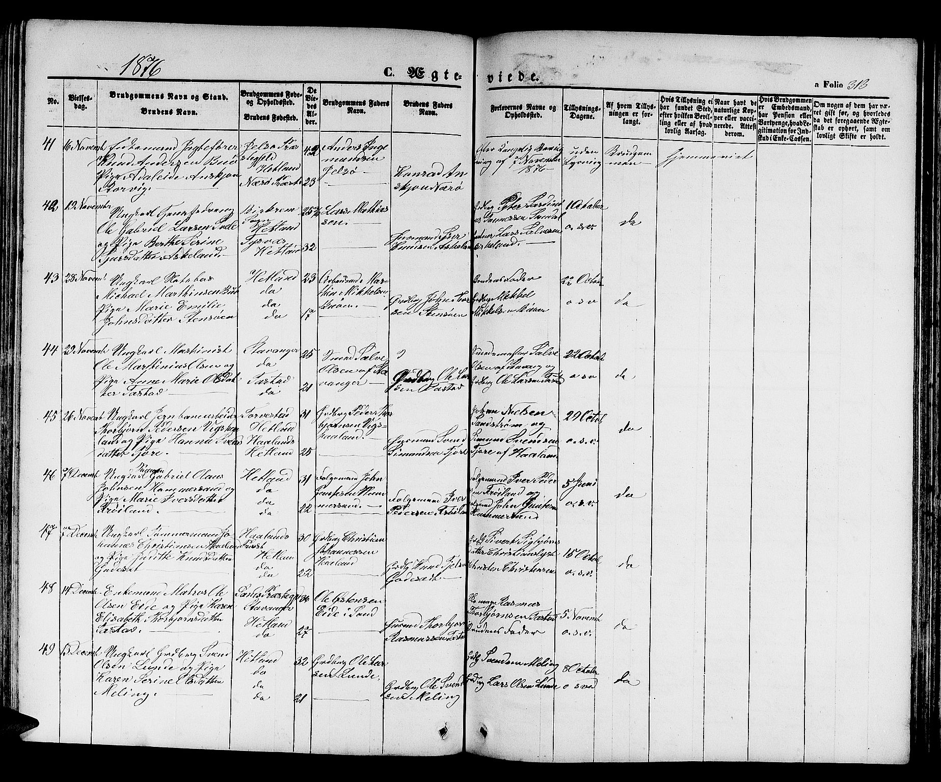 Hetland sokneprestkontor, SAST/A-101826/30/30BB/L0003: Parish register (copy) no. B 3, 1863-1877, p. 313