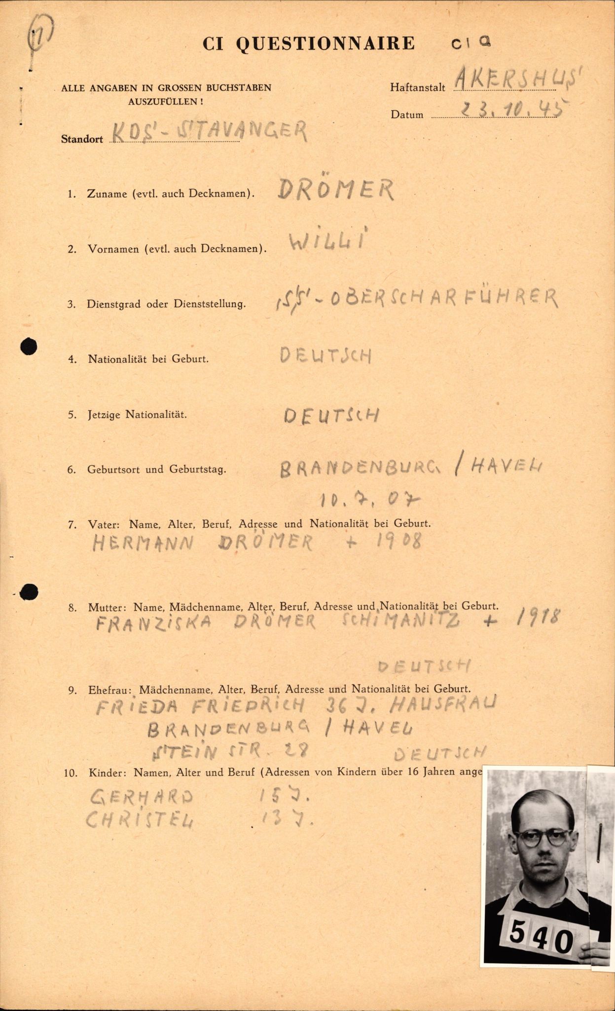 Forsvaret, Forsvarets overkommando II, AV/RA-RAFA-3915/D/Db/L0006: CI Questionaires. Tyske okkupasjonsstyrker i Norge. Tyskere., 1945-1946, p. 273