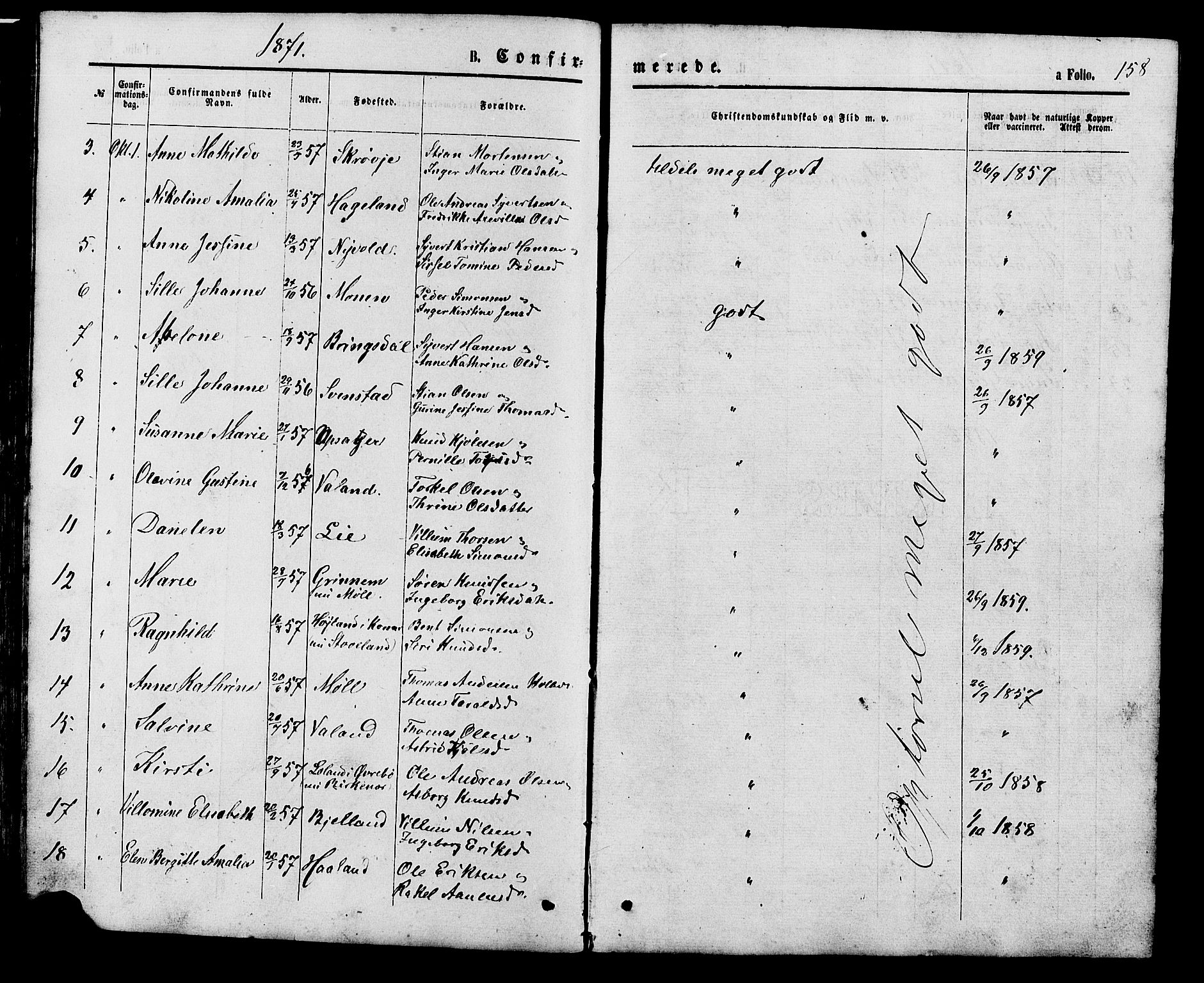 Holum sokneprestkontor, SAK/1111-0022/F/Fb/Fba/L0004: Parish register (copy) no. B 4, 1867-1890, p. 158