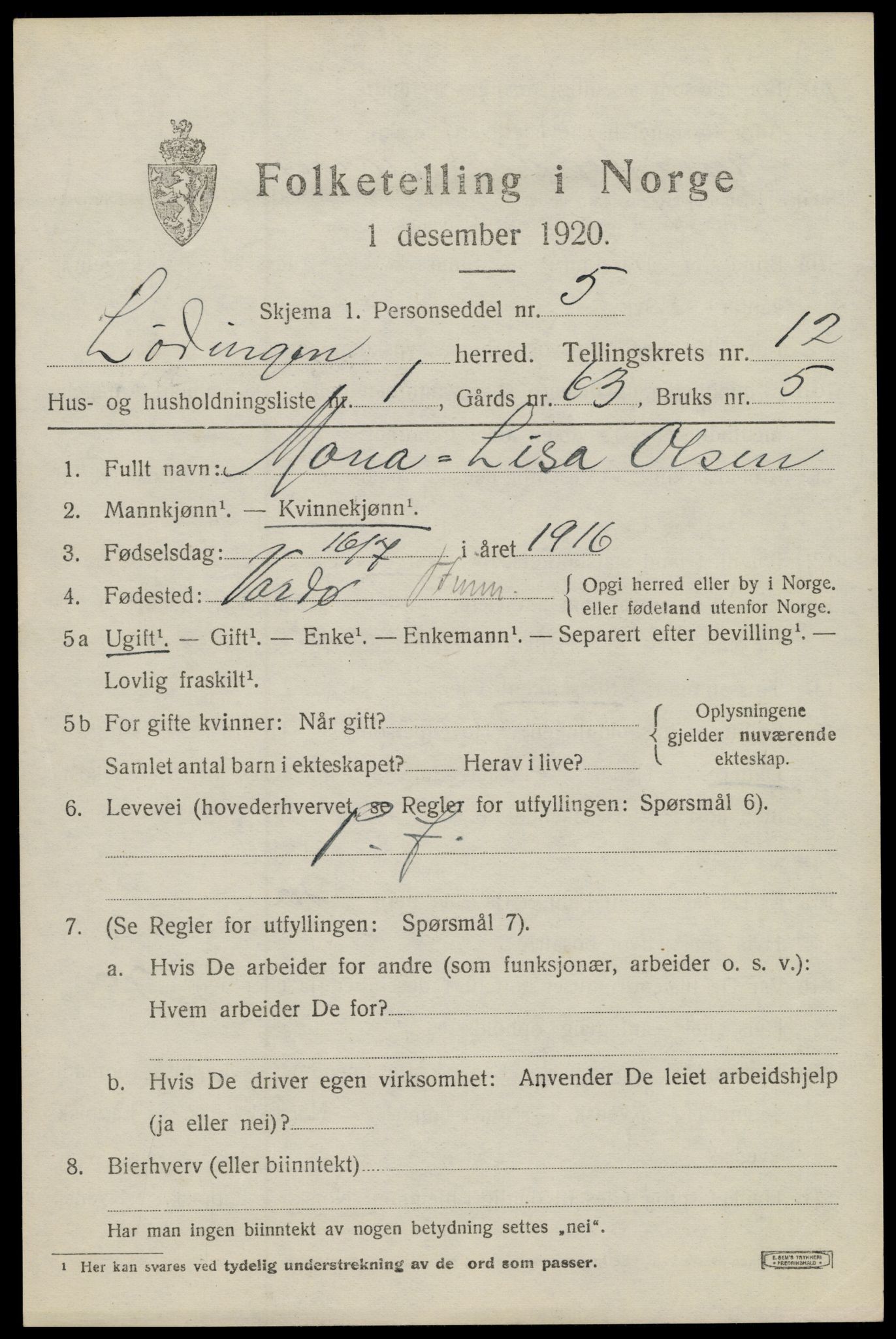 SAT, 1920 census for Lødingen, 1920, p. 6443