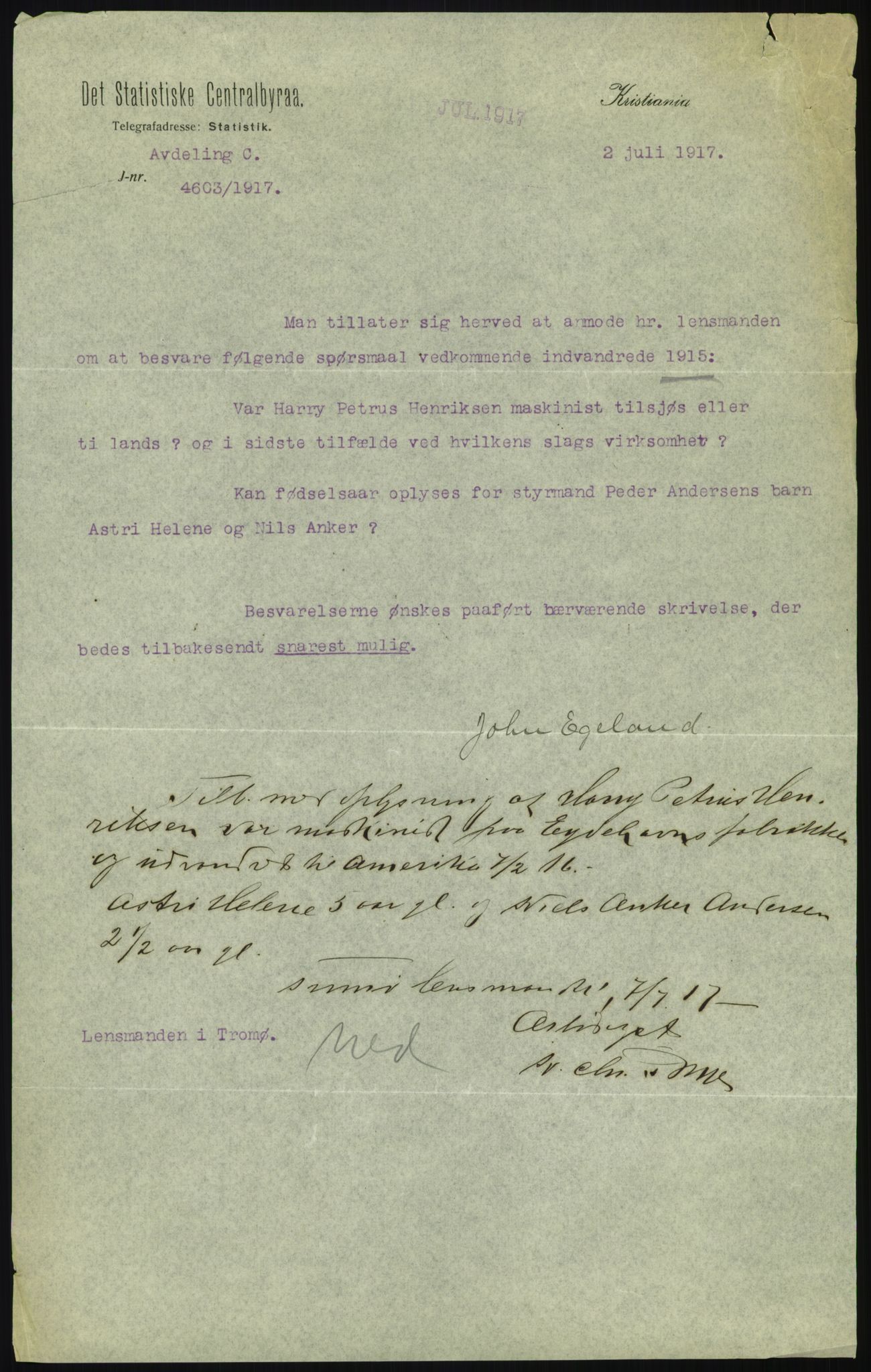 Statistisk sentralbyrå, Sosioøkonomiske emner, Folketellinger, boliger og boforhold, AV/RA-S-2231/F/Fa/L0001: Innvandring. Navn/fylkesvis, 1915, p. 61