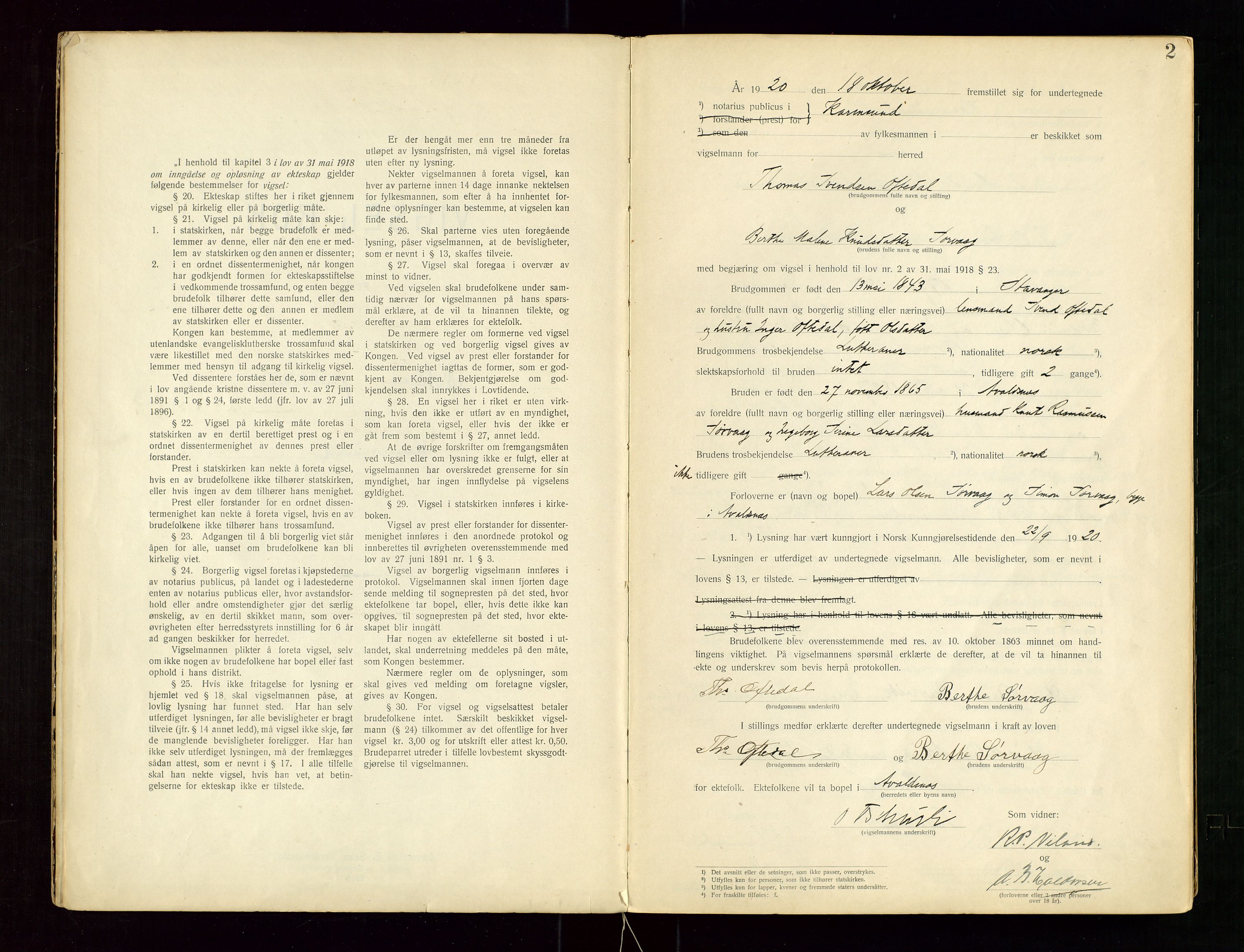 Karmsund sorenskriveri, AV/SAST-A-100311/01/III/IIICBA/L0001: VIGSELSBOK, 1920-1942, p. 2