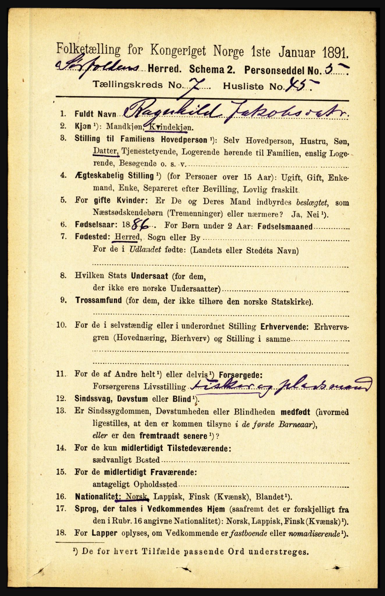 RA, 1891 census for 1845 Sørfold, 1891, p. 2515