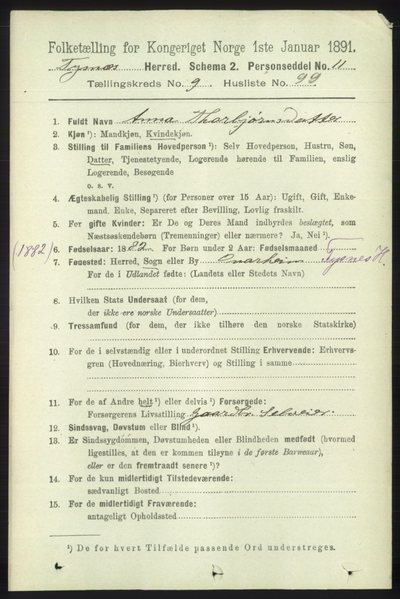 RA, 1891 census for 1223 Tysnes, 1891, p. 4773