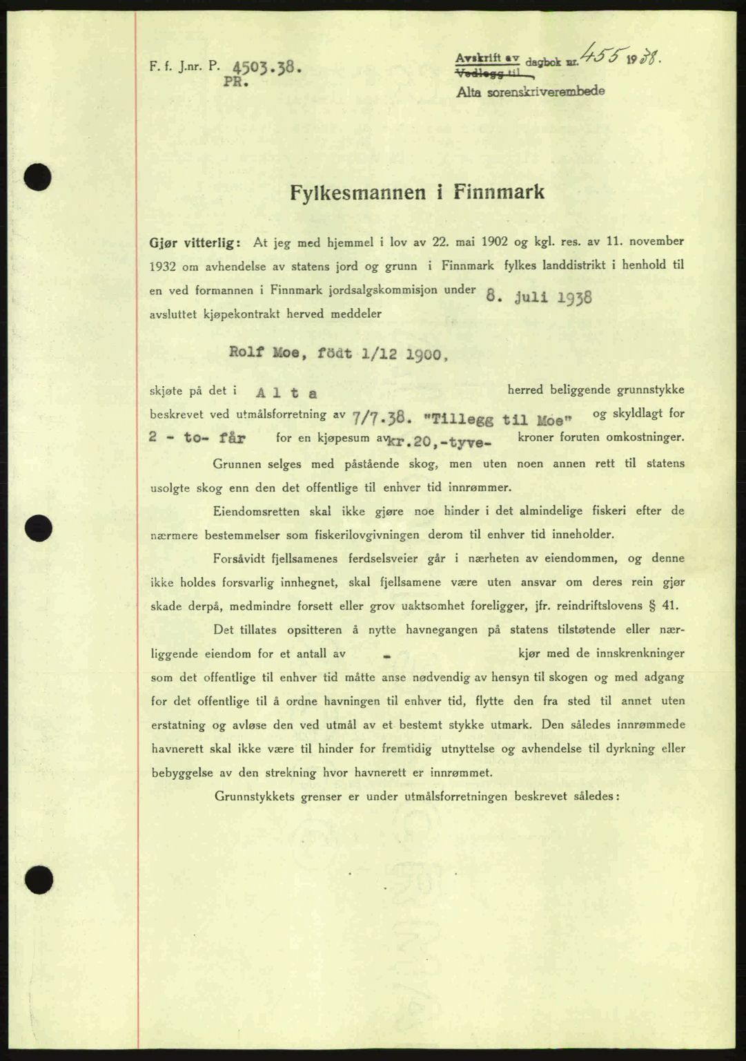 Alta fogderi/sorenskriveri, SATØ/SATØ-5/1/K/Kd/L0031pantebok: Mortgage book no. 31, 1938-1939, Diary no: : 455/1938