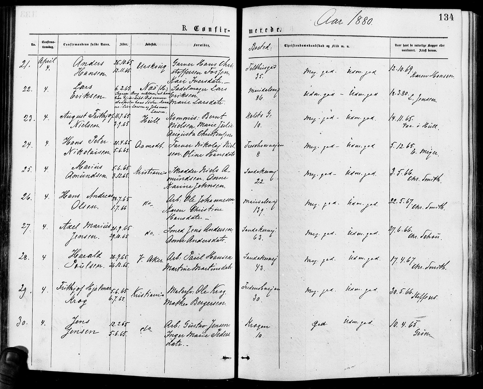 Gamle Aker prestekontor Kirkebøker, AV/SAO-A-10617a/F/L0005: Parish register (official) no. 5, 1873-1881, p. 134