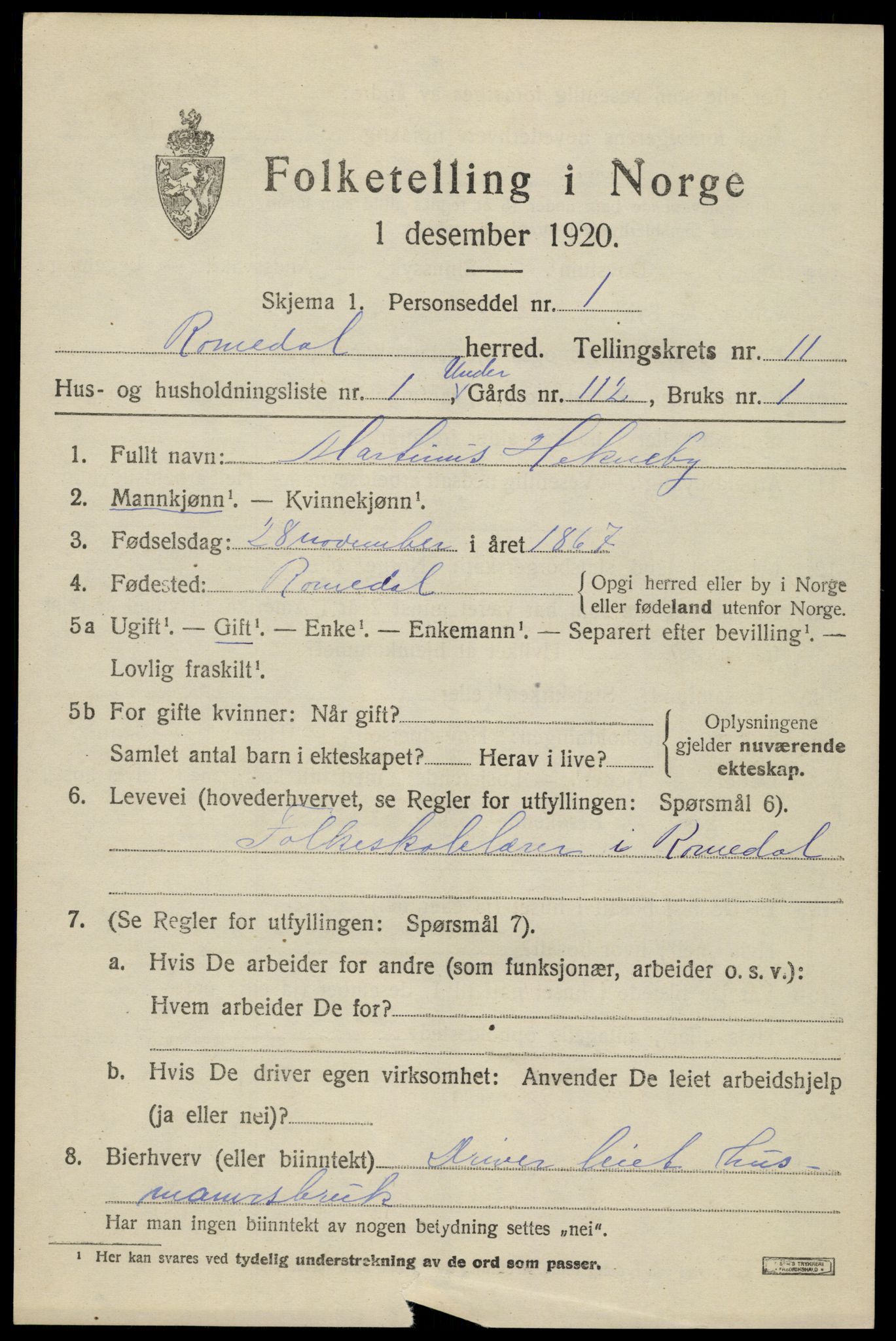 SAH, 1920 census for Romedal, 1920, p. 12095