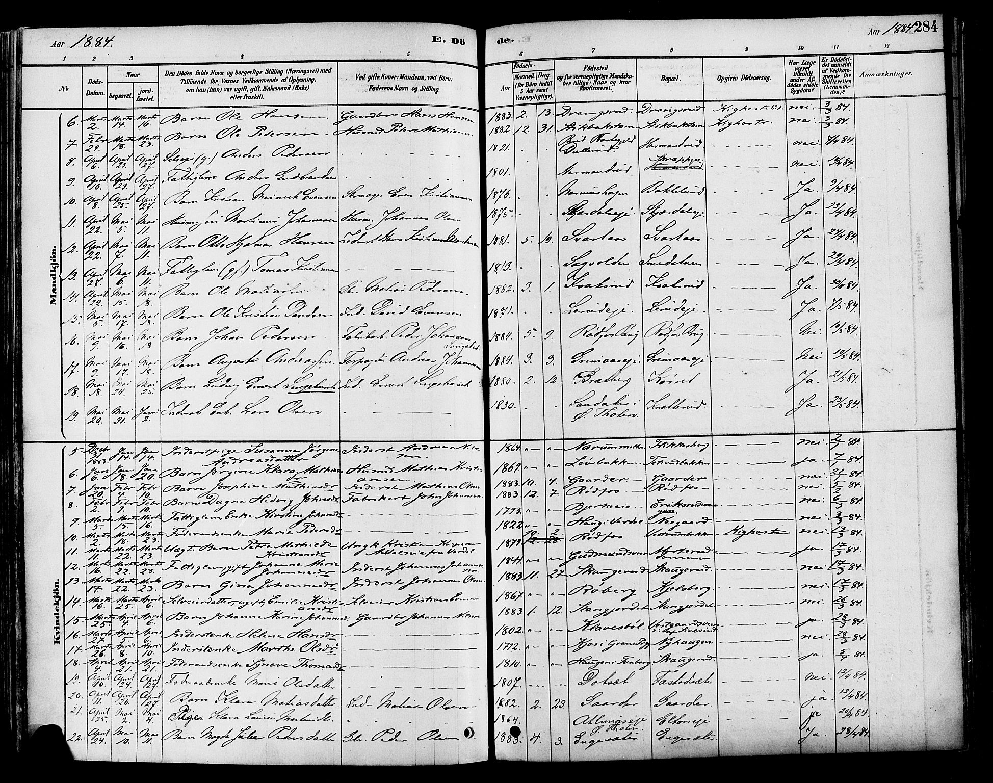 Vestre Toten prestekontor, SAH/PREST-108/H/Ha/Haa/L0009: Parish register (official) no. 9, 1878-1894, p. 284