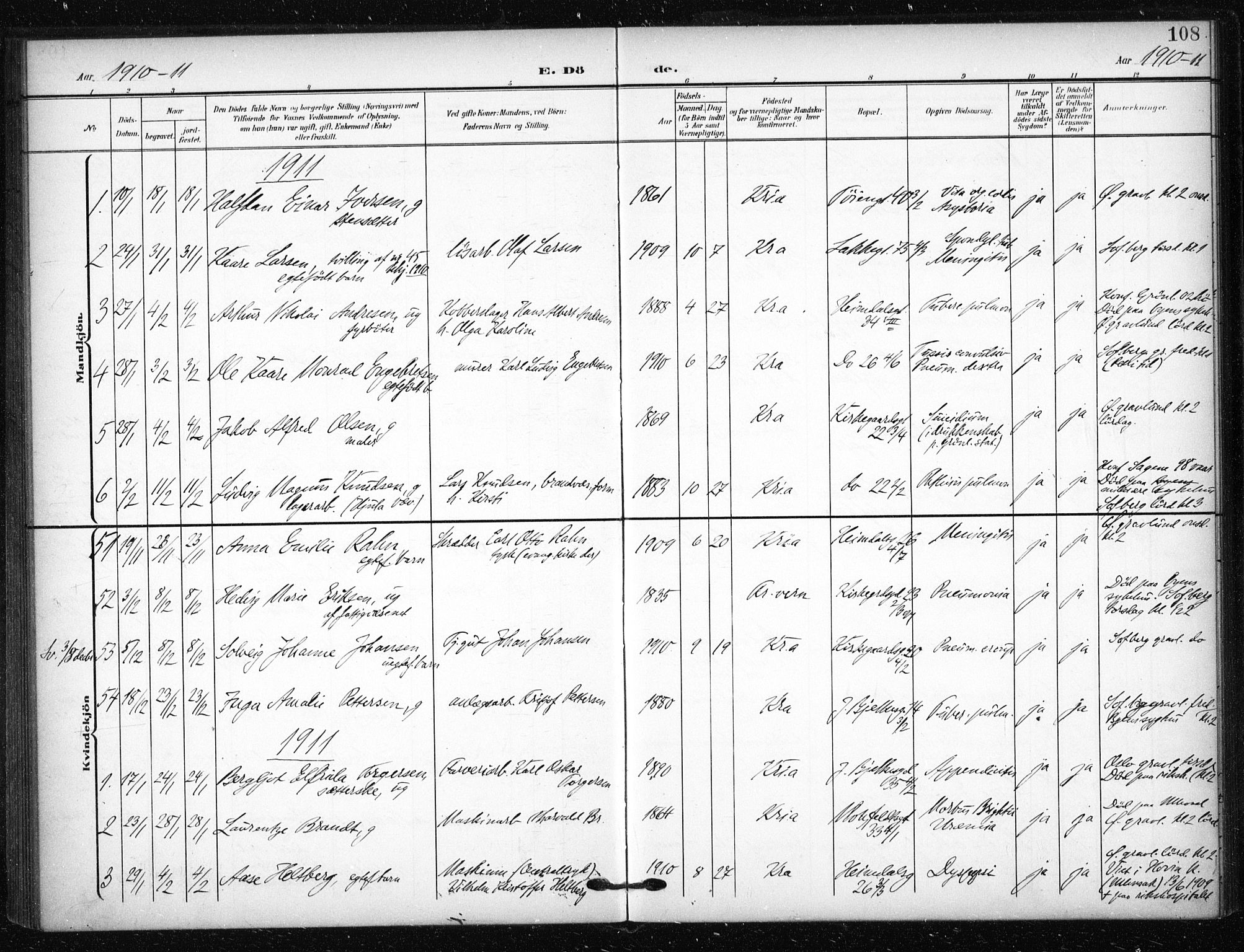 Tøyen prestekontor Kirkebøker, AV/SAO-A-10167a/F/Fa/L0002: Parish register (official) no. I 2, 1907-1916, p. 108