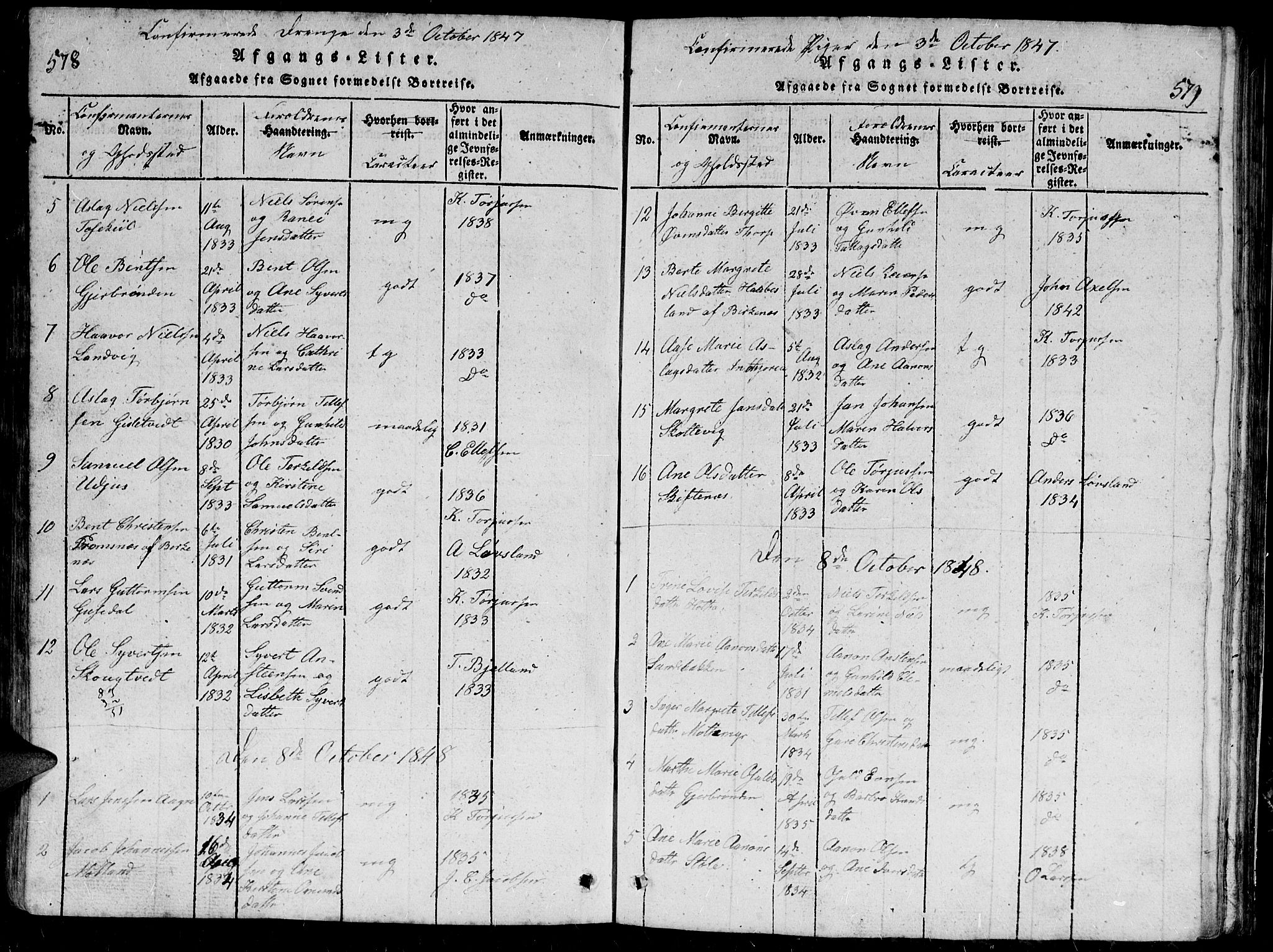 Hommedal sokneprestkontor, SAK/1111-0023/F/Fb/Fbb/L0003: Parish register (copy) no. B 3 /1, 1816-1850, p. 578-579