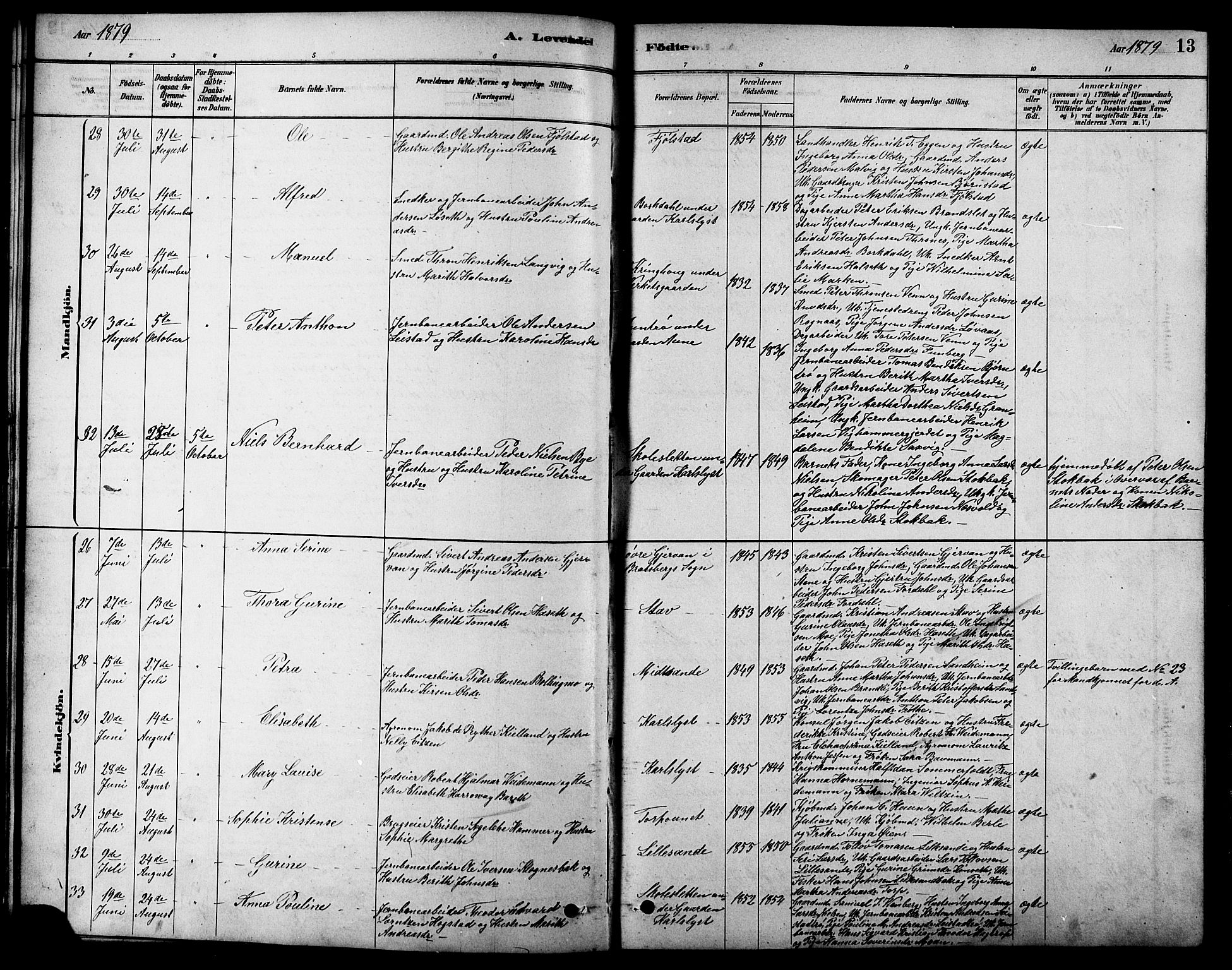 Ministerialprotokoller, klokkerbøker og fødselsregistre - Sør-Trøndelag, SAT/A-1456/616/L0423: Parish register (copy) no. 616C06, 1878-1903, p. 13
