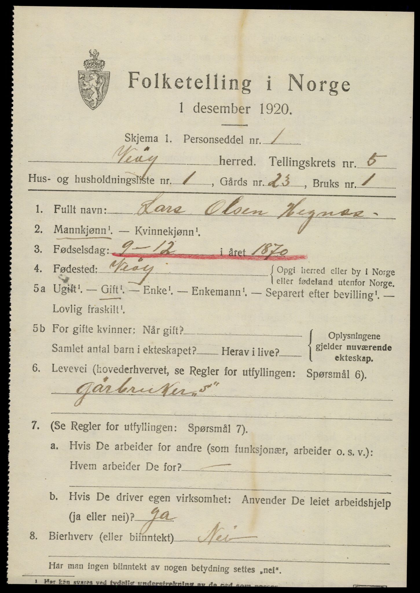 SAT, 1920 census for Veøy, 1920, p. 2323