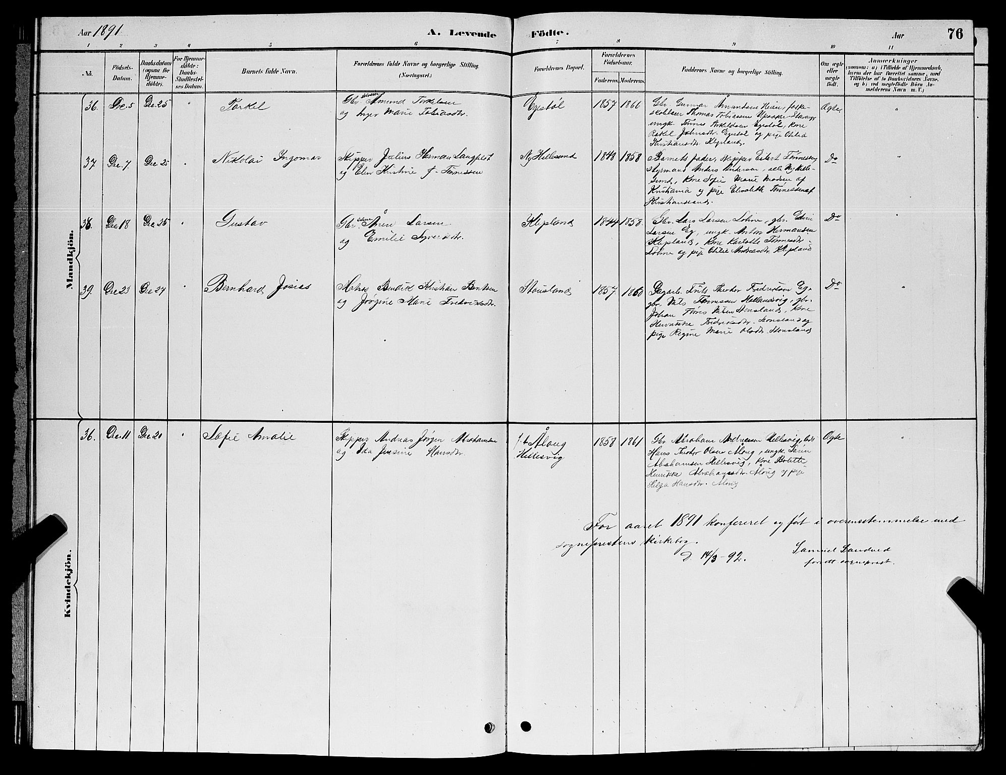 Søgne sokneprestkontor, AV/SAK-1111-0037/F/Fb/Fbb/L0005: Parish register (copy) no. B 5, 1884-1891, p. 76