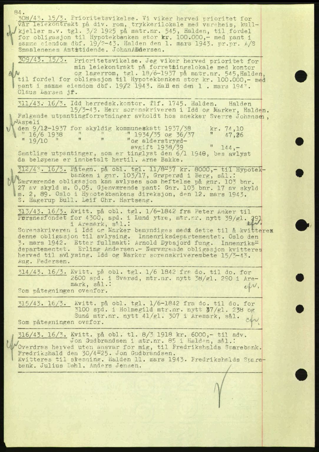 Idd og Marker sorenskriveri, AV/SAO-A-10283/G/Gb/Gbc/L0002: Mortgage book no. B4-9a, 1939-1945, Diary no: : 308/1943