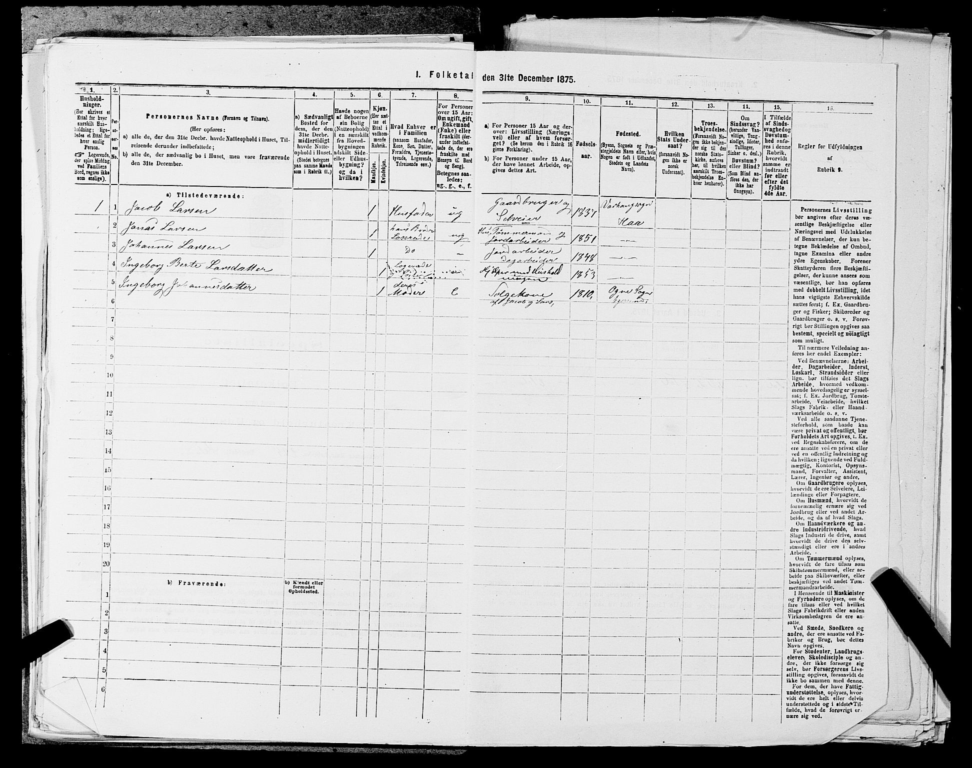 SAST, 1875 census for 1119P Hå, 1875, p. 953