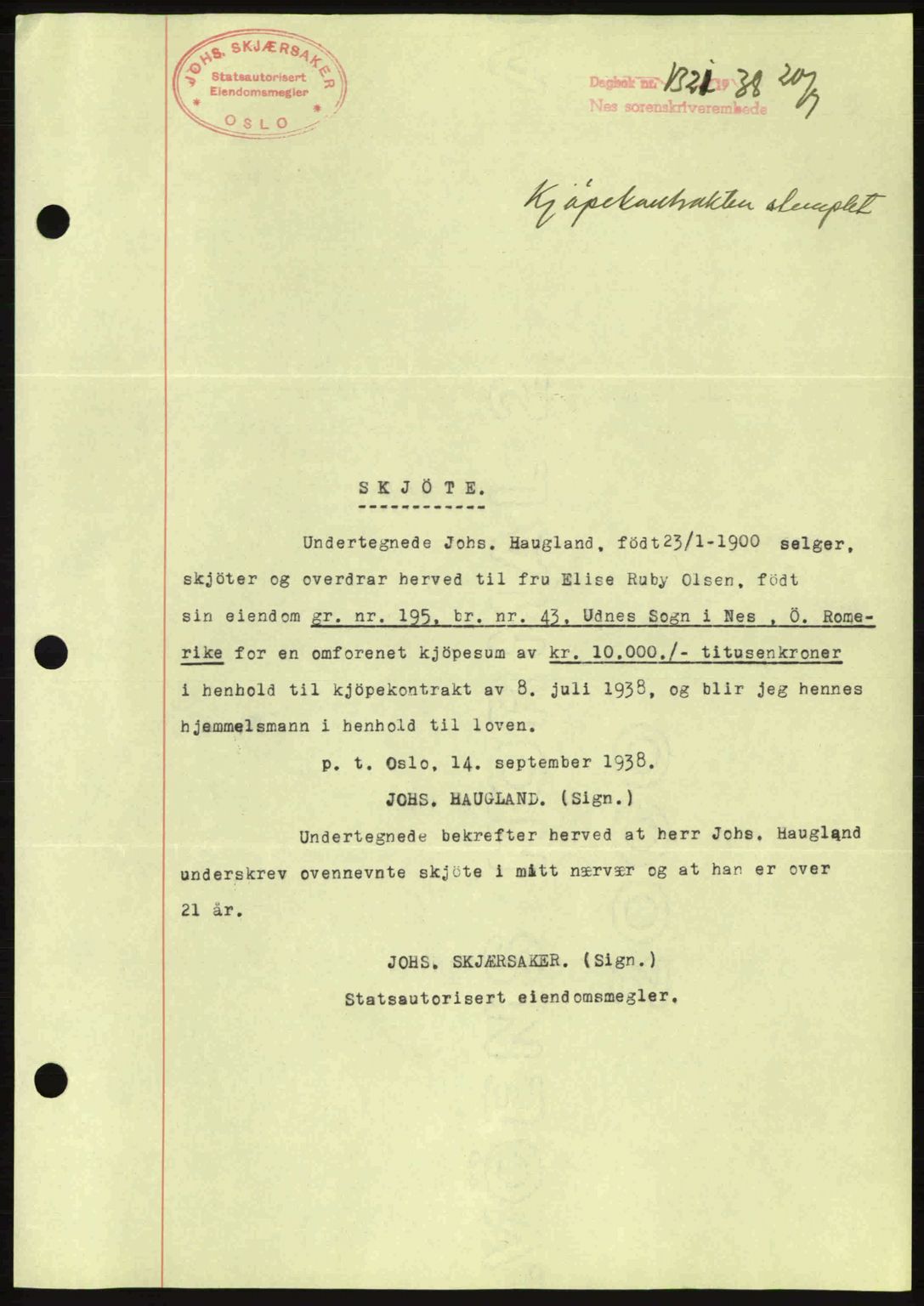 Nes tingrett, SAO/A-10548/G/Gb/Gbb/L0006: Mortgage book no. 50, 1938-1938, Diary no: : 1321/1938
