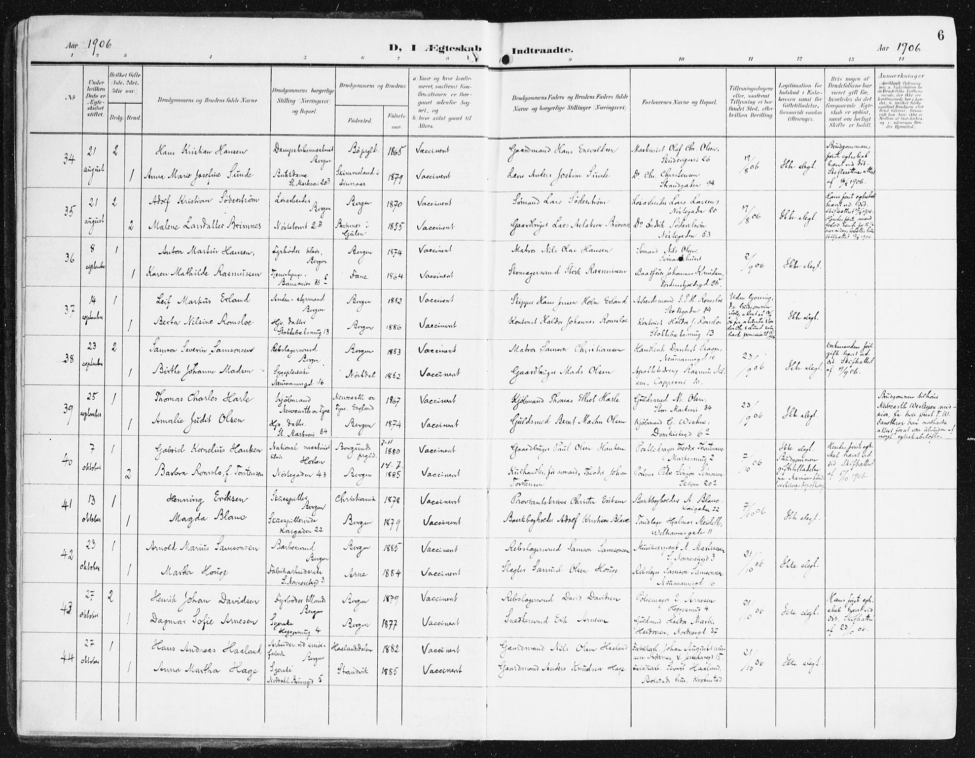 Domkirken sokneprestembete, SAB/A-74801/H/Haa/L0038: Parish register (official) no. D 5, 1906-1921, p. 6