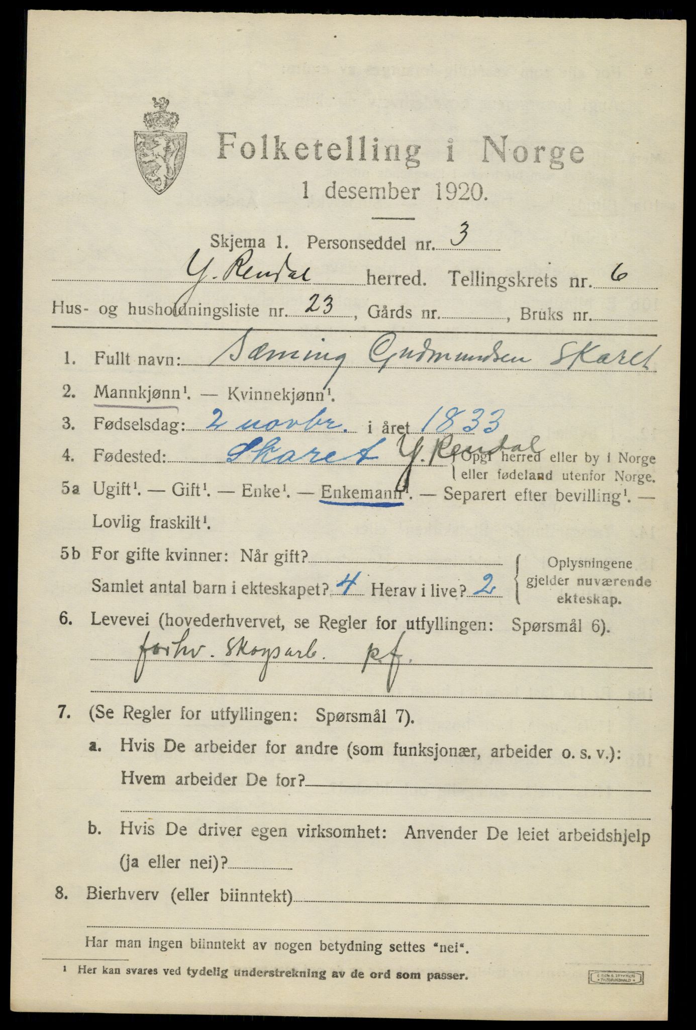 SAH, 1920 census for Ytre Rendal, 1920, p. 3641